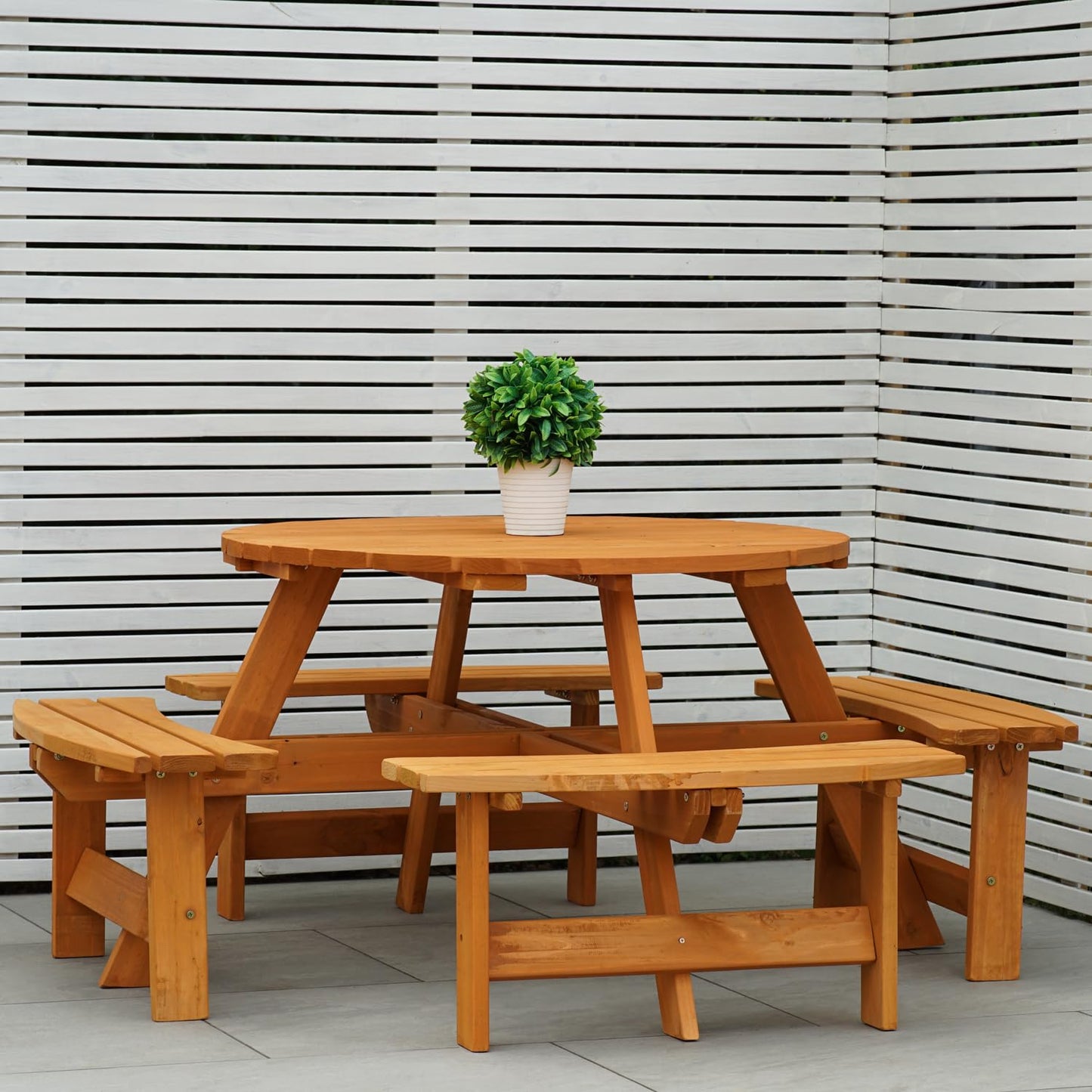 - Maribelle 8 Seater Stained Pine Round Wooden Bench/Picnic Table | For Garden, Pub, Patio -