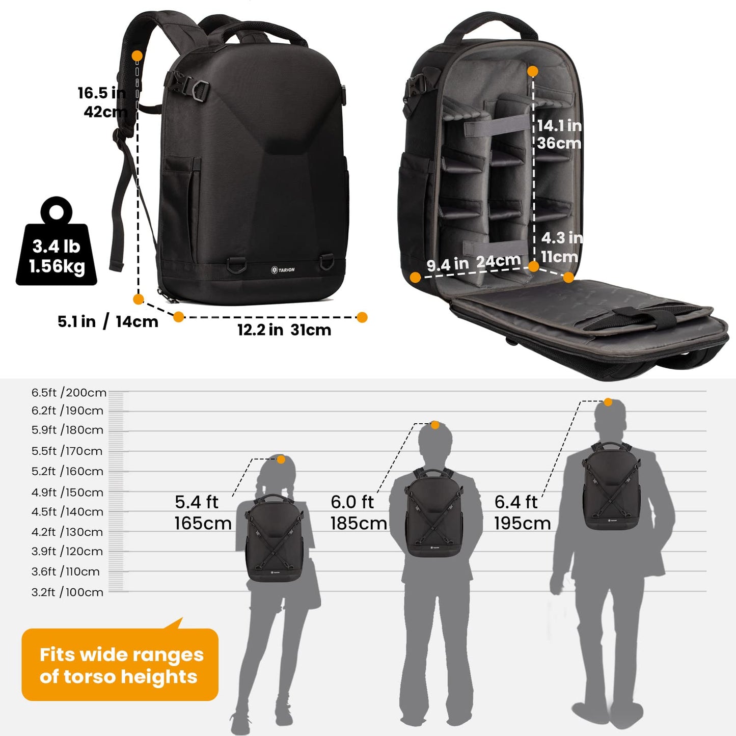 - TARION Camera Backpack | Photography Backpack with Hard Shell | With Rain Cover | Black -