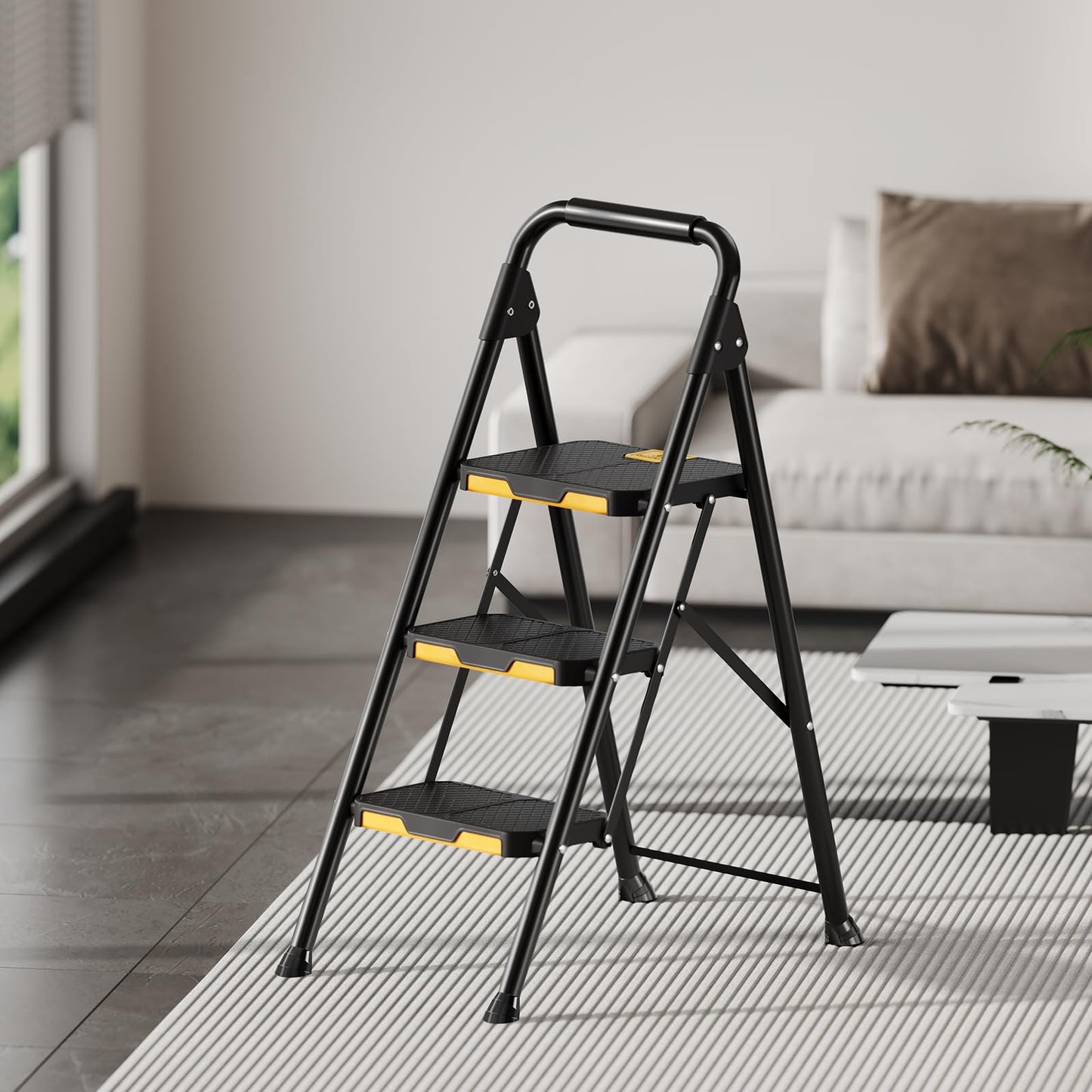 - KINGRACK 3 Step Ladder | 3 Step Folding With Anti-Slip Wide Pedal and Handrails -