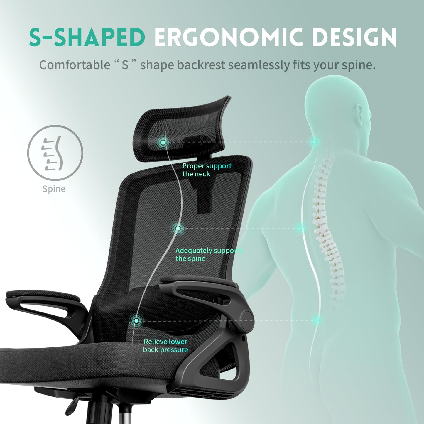 - Tweakio Ergonomic Office Chair | S-Shaped Mesh Desk Chair | Adjustable Headrest & Lumbar Support -