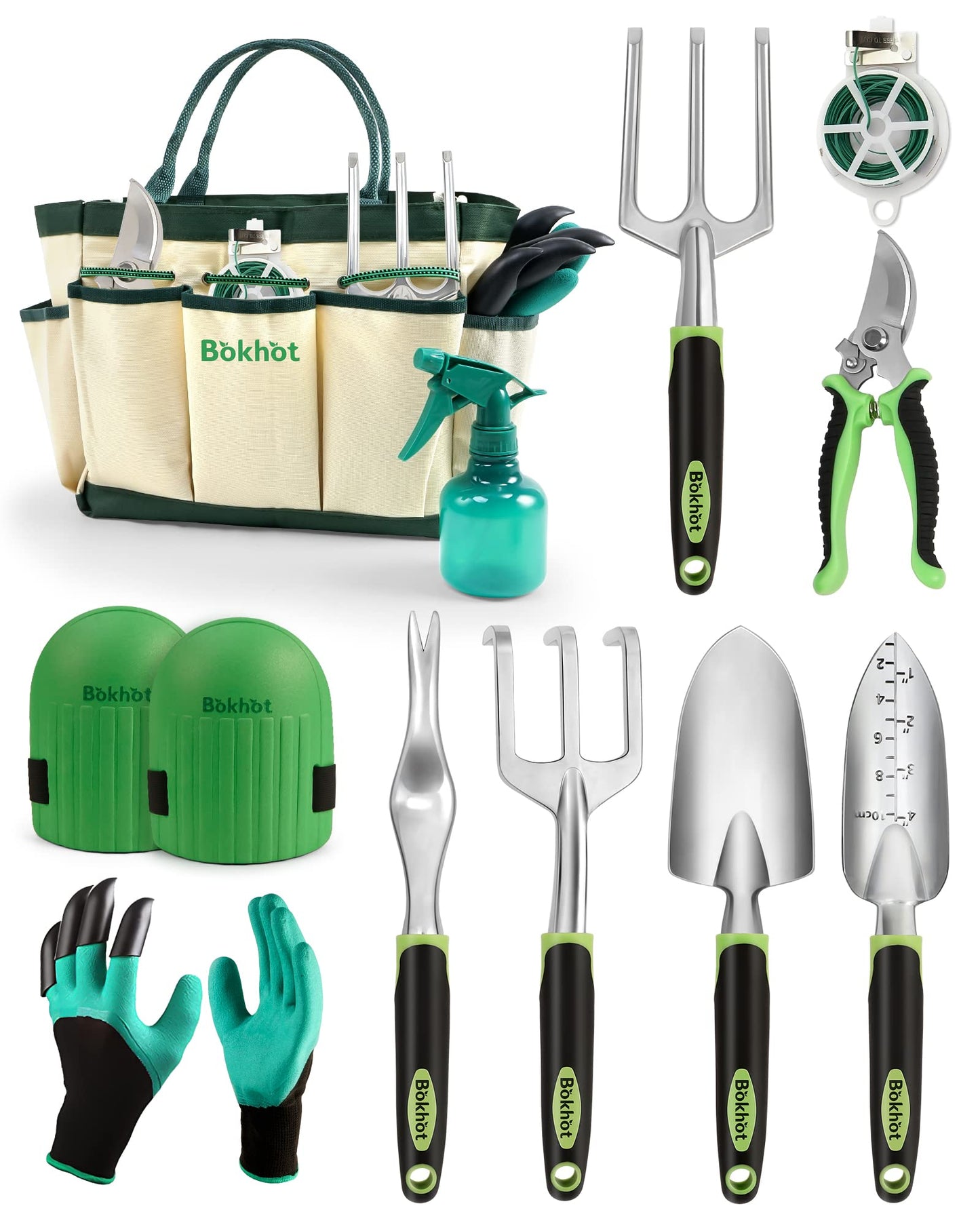 Bokhot Garden Tools Set Gardening Hand Tool Gift Kit with Heavy Duty Tool Bag for Easy Storage, Gardening Gifts for Outdoor Women & Men, Green (PG023)