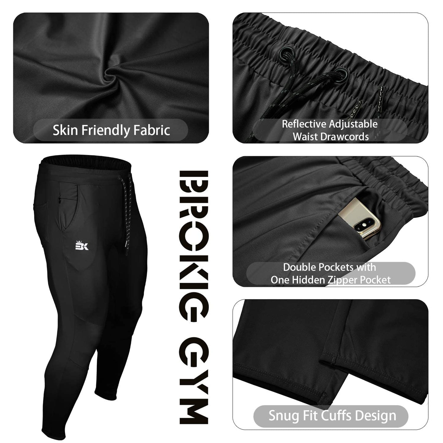 BROKIG Mens Lightweight Tracksuit Bottoms Elastic Sports Trousers Gym Running Joggers(Black,Large)