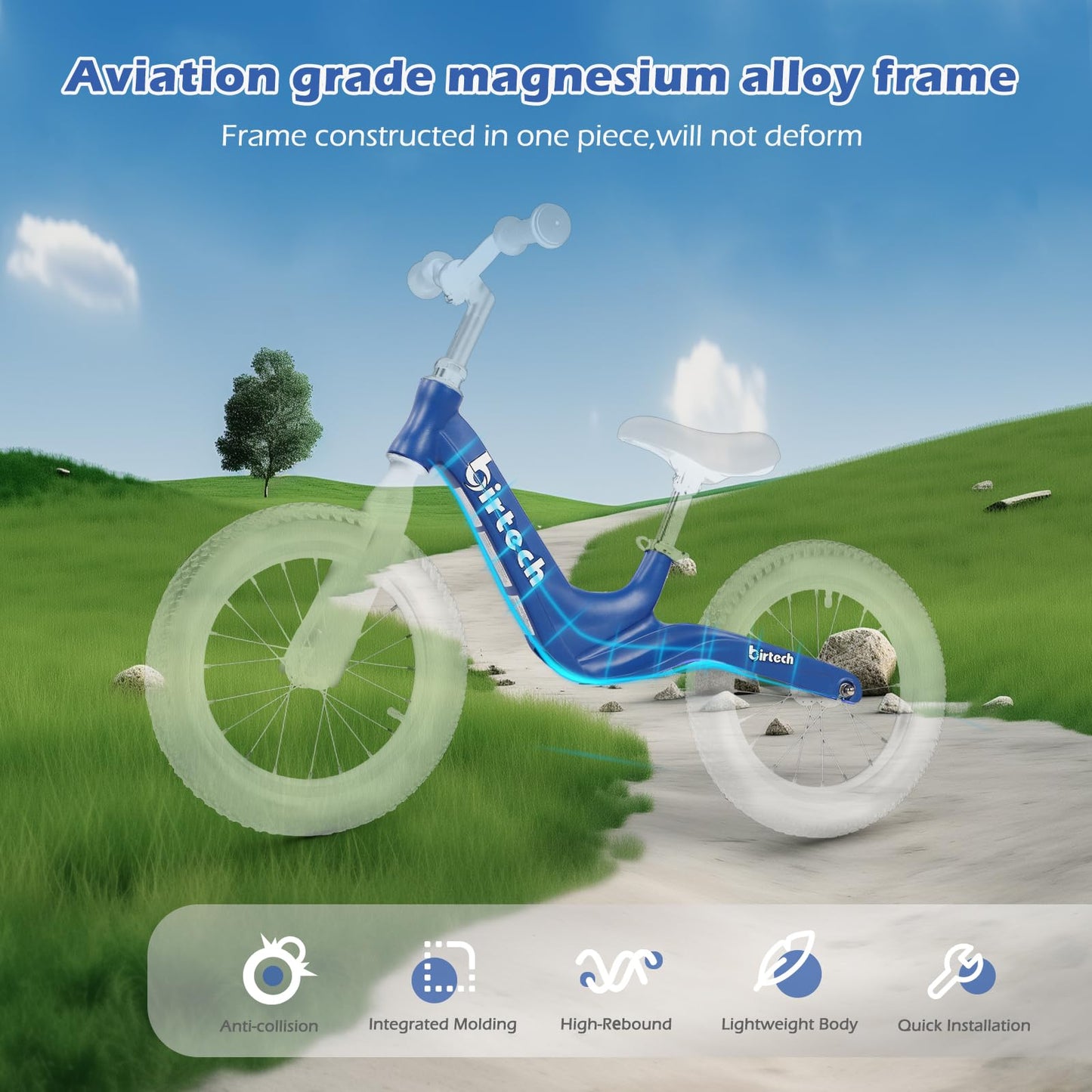 14" Balance Bike for Boys and Girls, Air Tires with Magnesium Alloy Frame, Lightweight No Pedal Kids' Bike for 3-6 Years Old, Training Bike with Adjustable Handlebar and Seat (Bule)