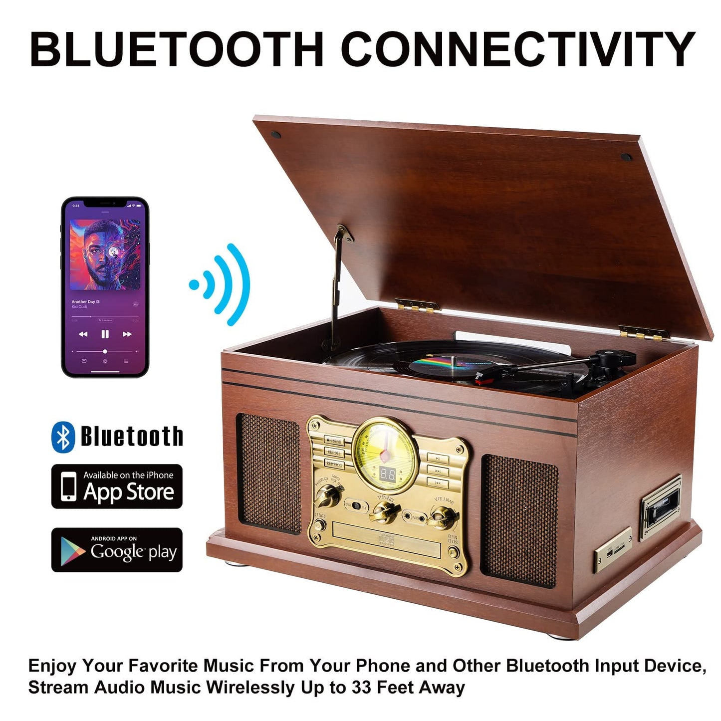 - 10-in-1 Bluetooth Record Player Multifunctional 3-Speed Turntable for Vinyl Record with Stereo Speaker,LP Vinyl to MP3 Converter with CD, Cassette Player,FM Radio,Wireless Music Streaming | Mahogany