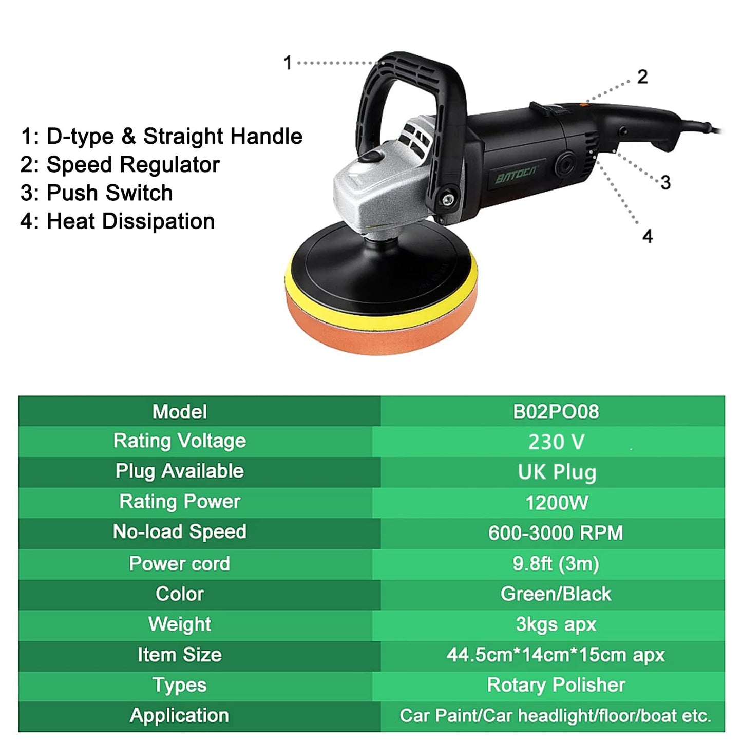 BATOCA Car Polisher Buffer Sander Rotary Polishing Machine 1200W 5-Inch & 7-Inch Buffing Polish Pad Kit Variable 6 Speeds 600-3000 RPM for Car Boat Floor Clean Polishing
