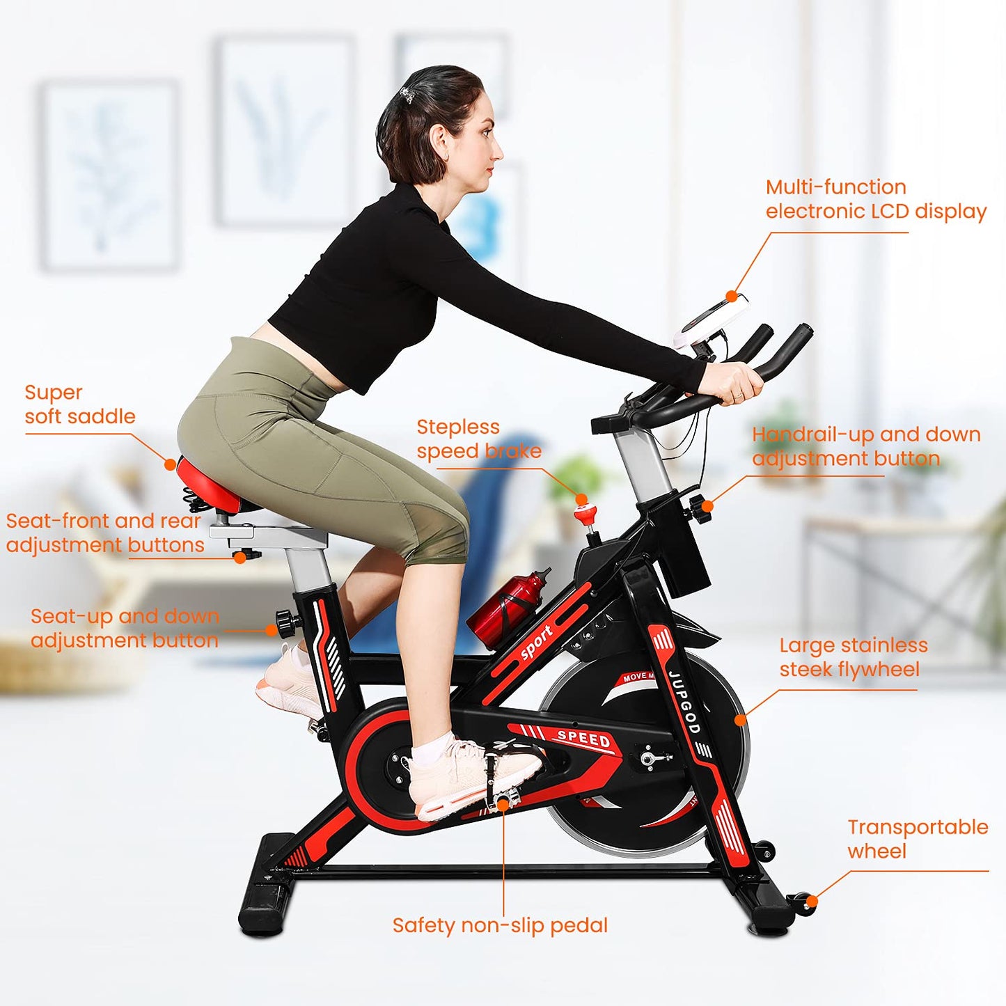 - Jupgod Stationary Exercise Bike | Indoor Cycling Bike | Slient Flywheel | LCD Monitor | Comfortable Seat -