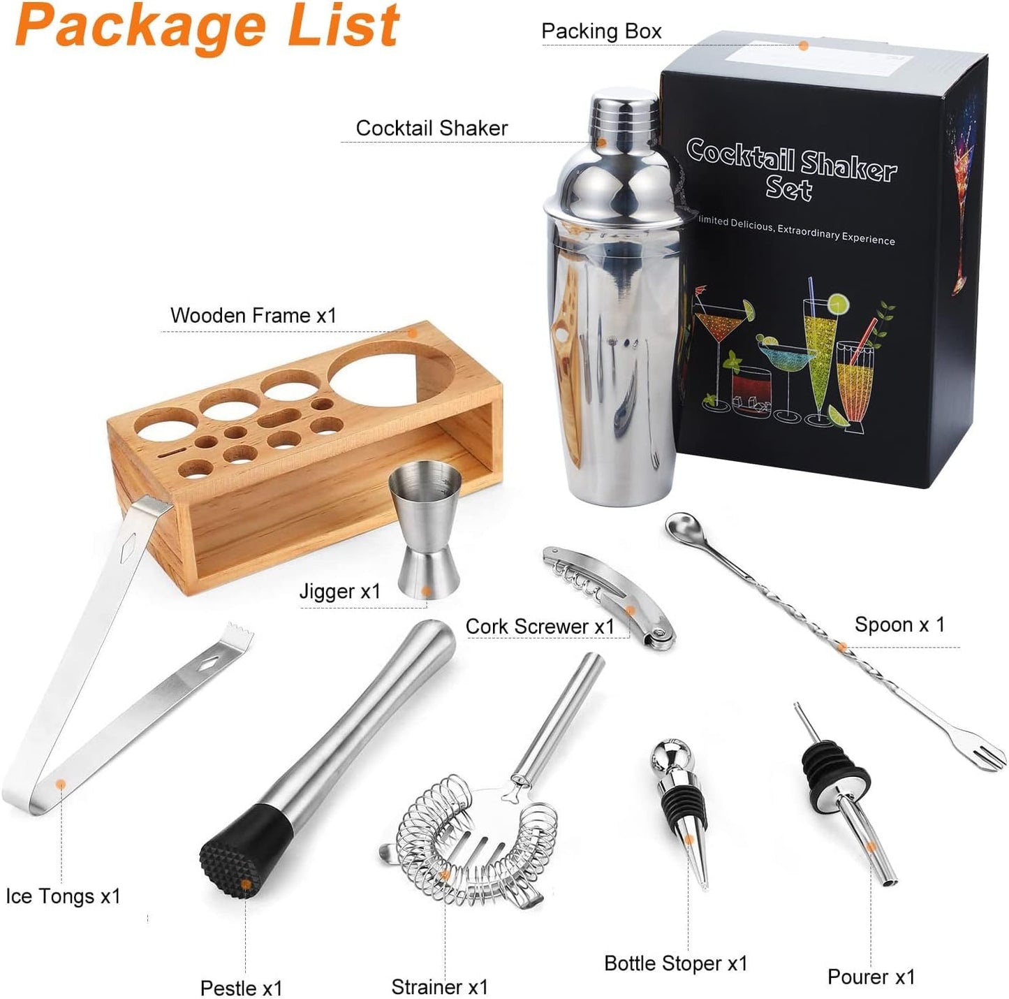 Cocktail Shaker Set, GAWENTINY Cocktail Making Set, Cocktail Shaker Set with Stand, 750ML Stainless Steel Shaker for Cocktail, Cocktail Shaker Gift Set for Home Bar