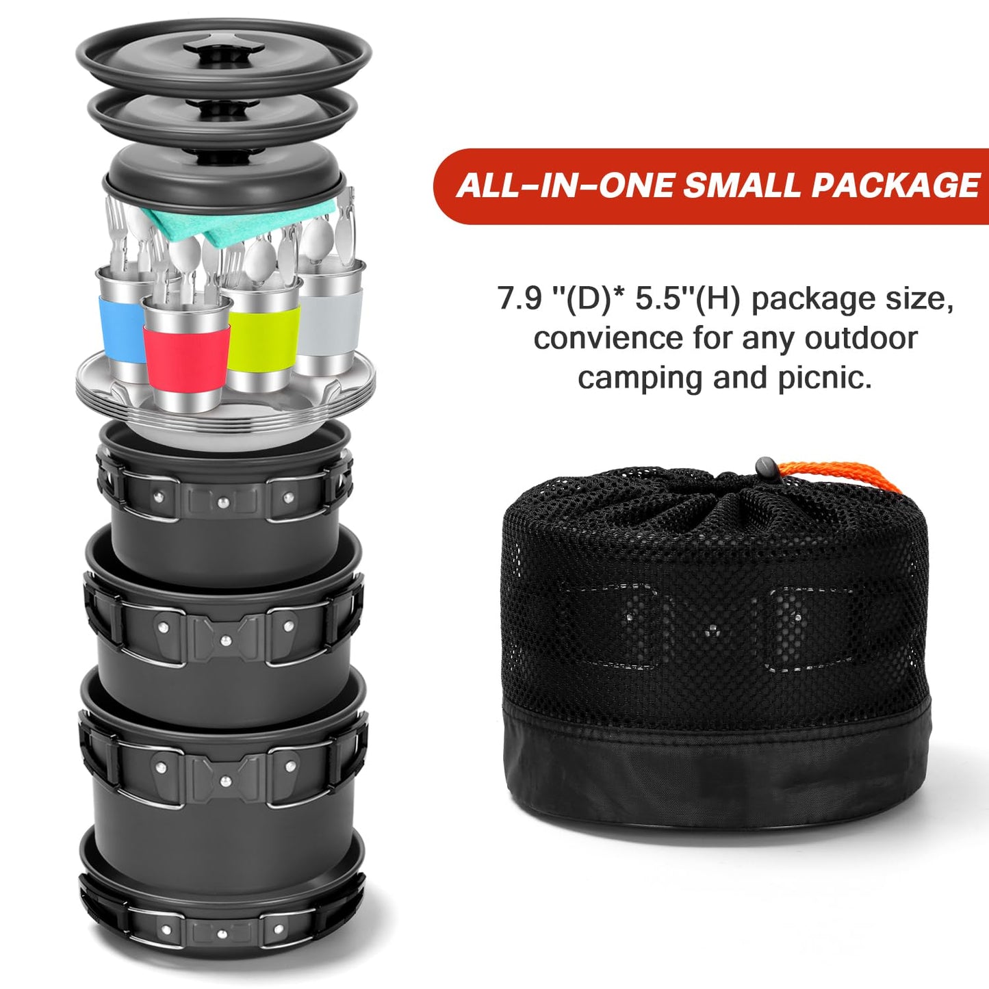 - Odoland Camping Cookware Kit for 4 People | Non-Stick -