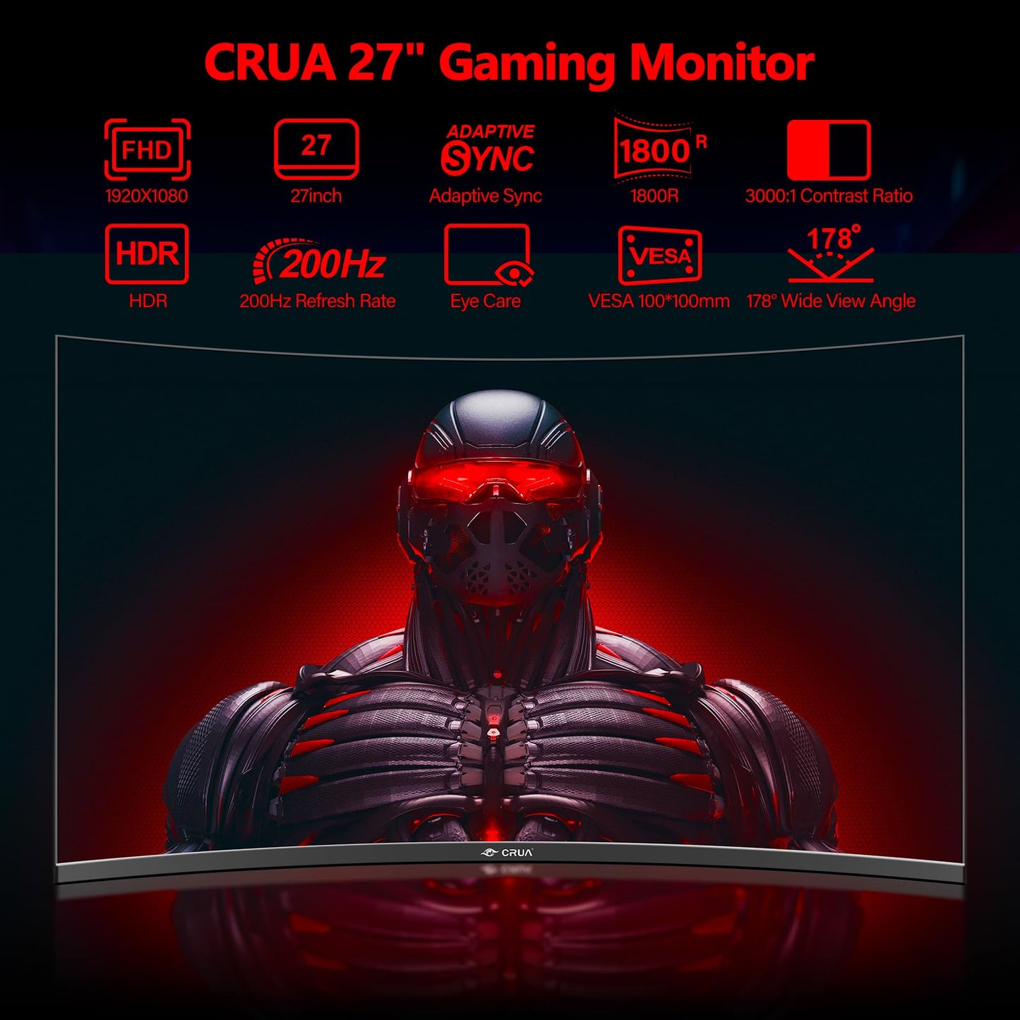CRUA 27 Inch 144Hz/200Hz Curved Gaming Monitor, FHD 1920 * 1080P Frameless 1800R Computer Monitor, 1ms GTG with FreeSync, Low Motion Blur, Eye Care, VESA100*100, DisplayPort, HDMI, Black