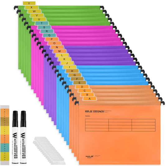 A4 Suspension Files, 25PCS Polypropylene Filing Cabinet Suspension Files with Tabs, Card Inserts and Erasable Pen, A4 Hanging Filing Storage Folders for School Home Work Office Organization (5 Color)