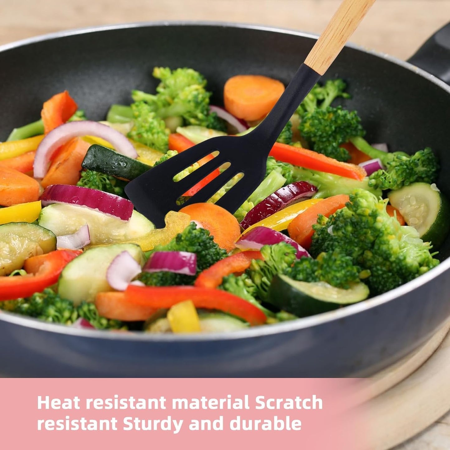 12 - Piece Silicone Cooking Utensils Set with Wooden Handle, Dishwasher Safe, Heat Resistant, Nonstick Cookware Tongs Spatula Spoon Set, Best Kitchen Tools (Black)