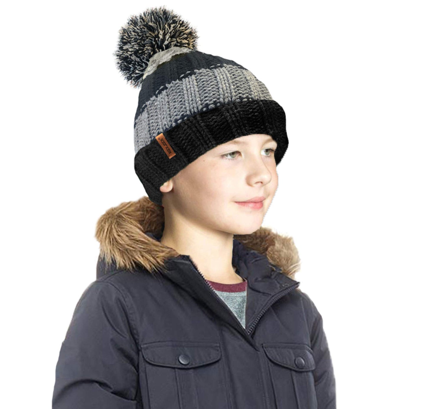 - RockJock R80 Kids | Ribbed Striped Thermal Insulating Bobble Hat -