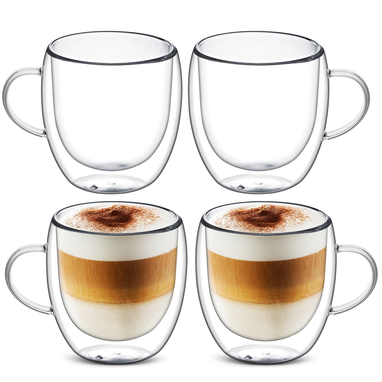 - Set of 4 Double Walled Glass Mug Set | Double Walled Insulated Drinking Glass | Coffee Mugs with Handle -