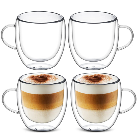 - Set of 4 Double Walled Glass Mug Set | Double Walled Insulated Drinking Glass | Coffee Mugs with Handle -
