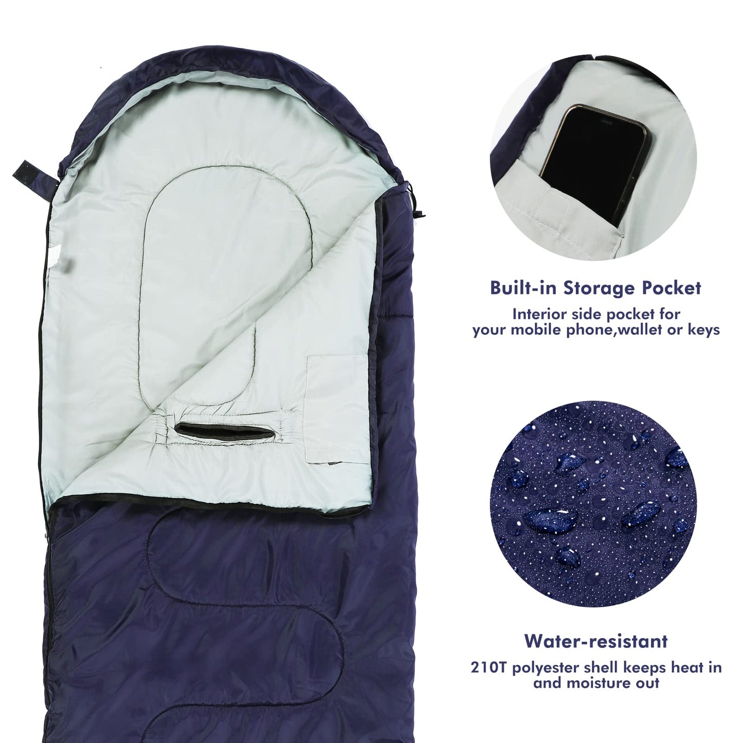 Camping Sleeping Bag - 3 Season Warm & Cool Weather - Lightweight Waterproof Sleeping Bag with Zippered Holes for Adults & Kids - Camping,Traveling, Music Festival and Outdoors (blue)