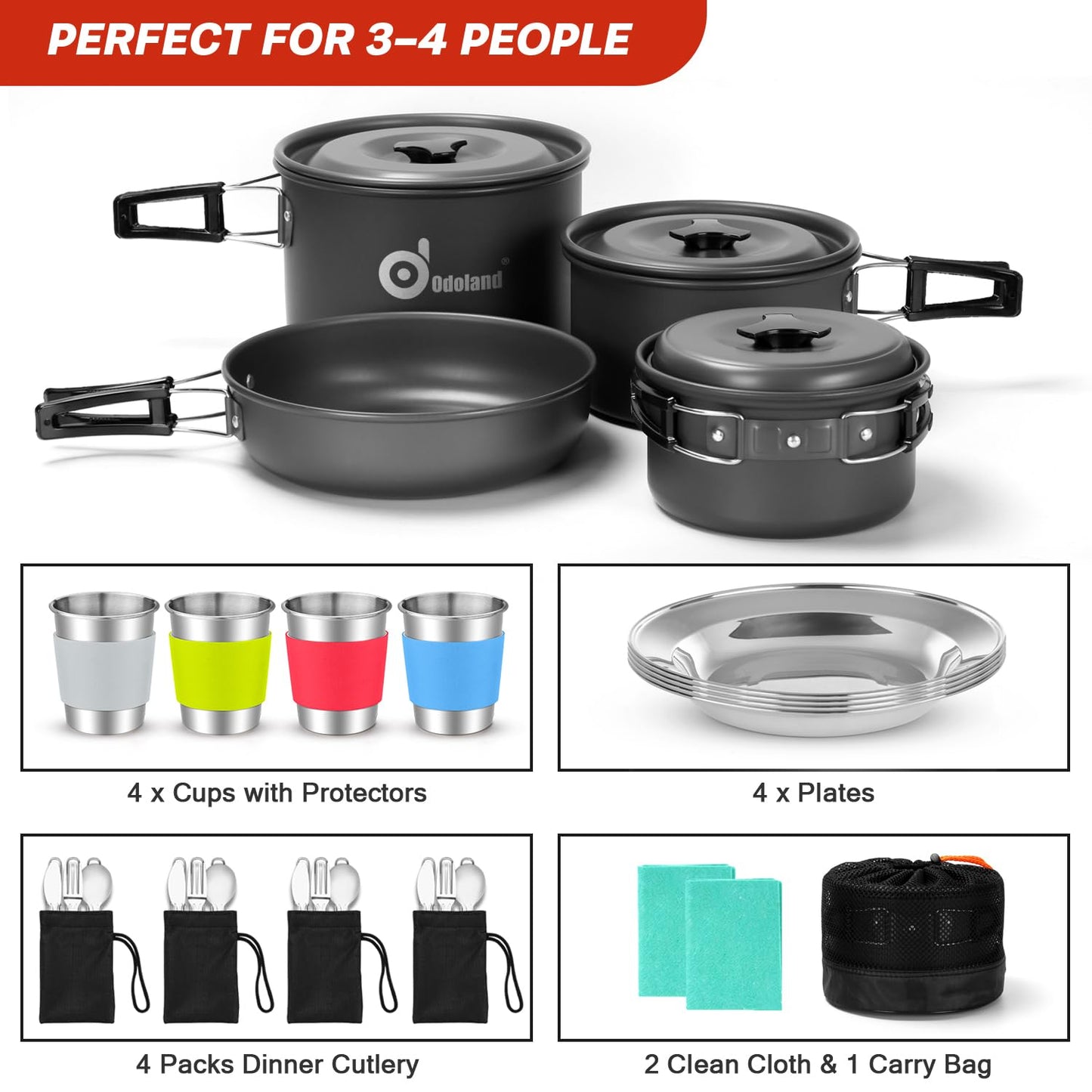- Odoland Camping Cookware Kit for 4 People | Non-Stick -