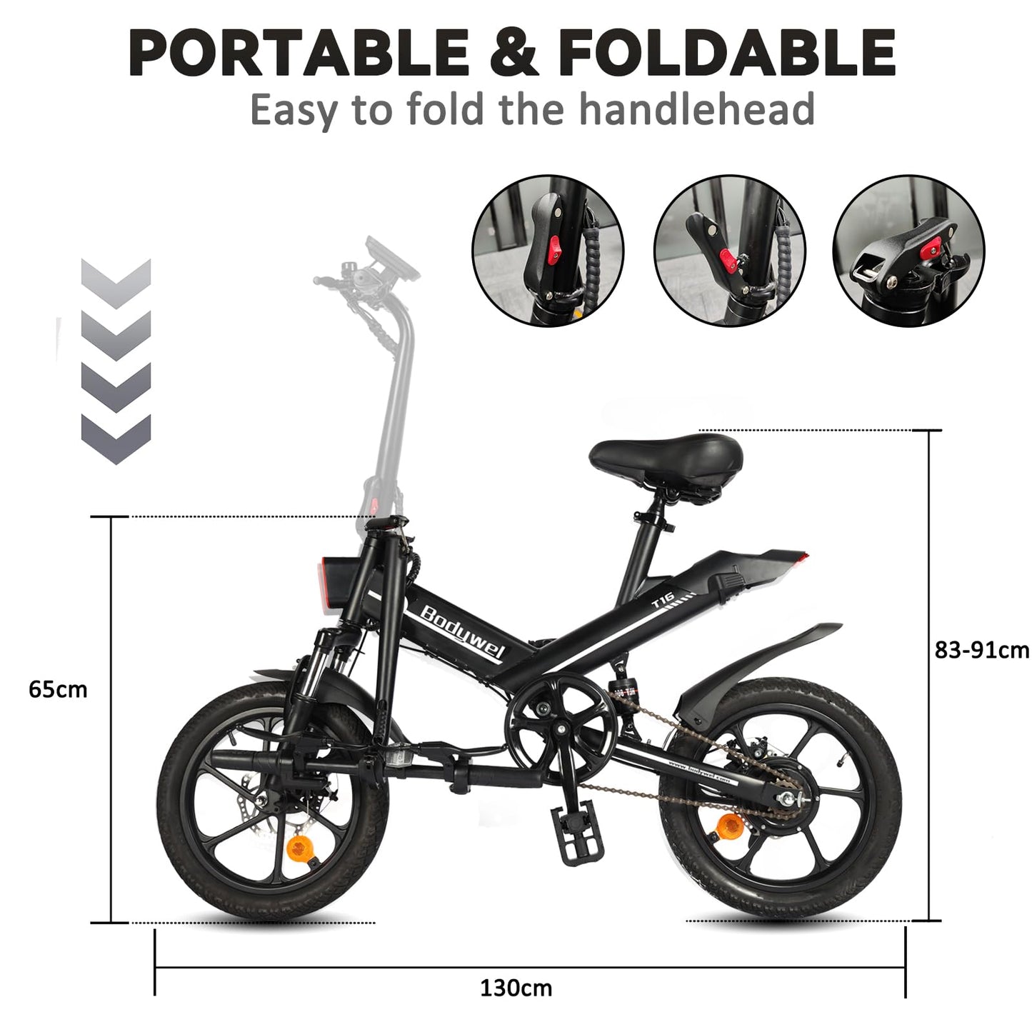 Bodywel T16 Folding Electric Bike, 16" Portable E-bike with 36V/10.4Ah Battery, 250W Motor, Dual Disc Brakes, LED Display, Front Suspension, City Commuter Electric Bicycle for Adults