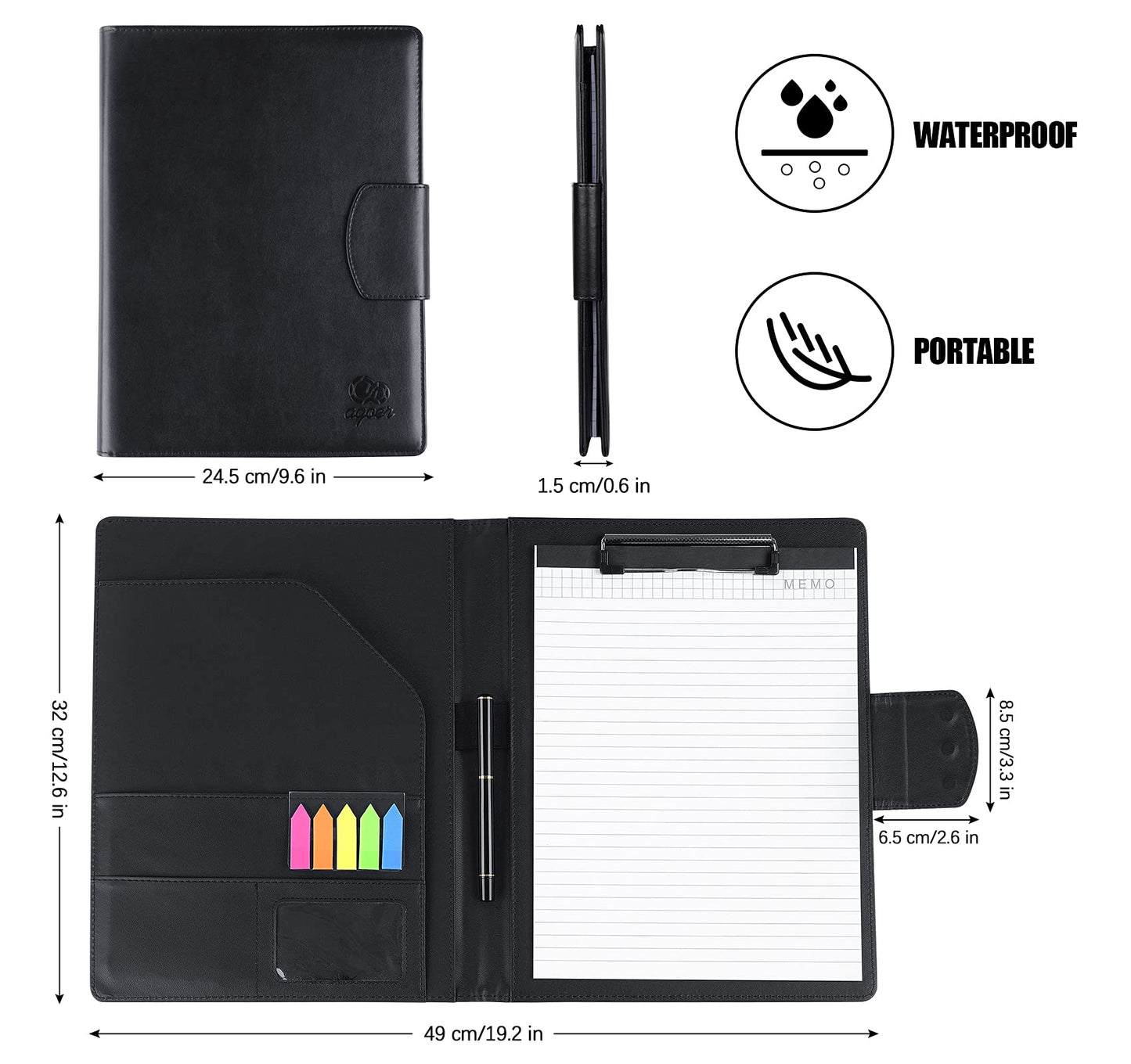 Clipboard Folder DIN A4, Leather Document Case Clip Board with Magnetic Closure Cover, for Work Writing Conference Folder Legal Pad with A4 Paper &Sticky Arrow Tabs &Pen, Black