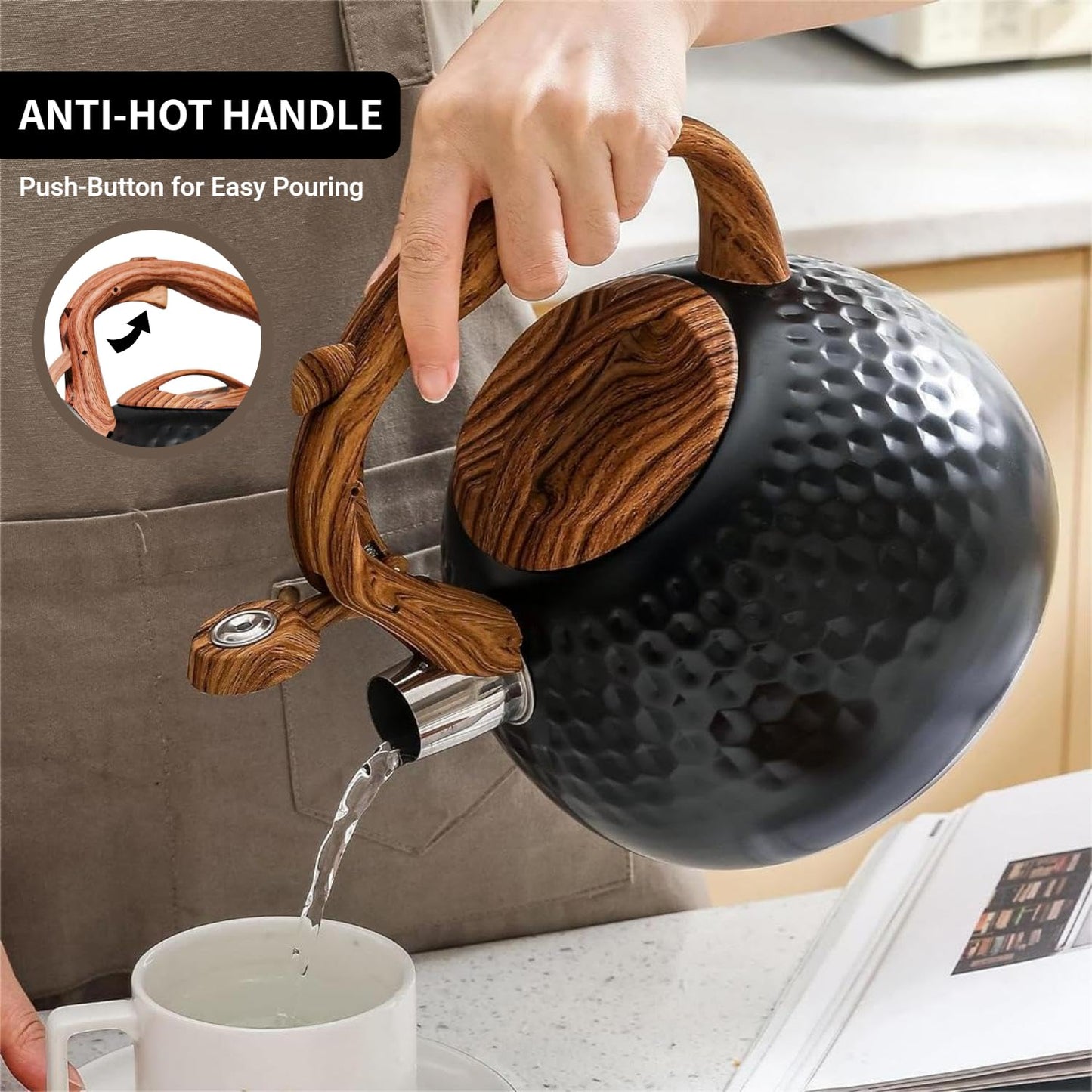 Beruyu Stove Top Whistling Kettle, Stainless Steel Teapot with Wood Grain Handle, for Gas Stove Induction Cooker, 3L (Black)