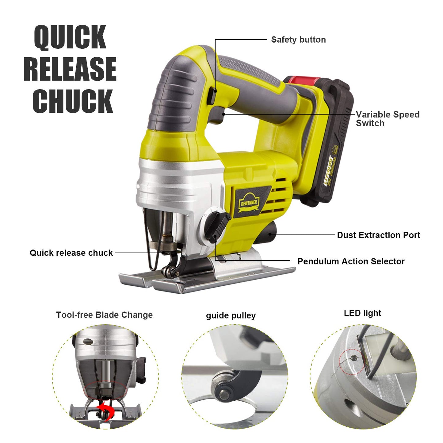 - DEWINNER Cordless Jigsaw | Electric Saw Tool | Variable Speed for Bevel Cutting Led Light | Include 2.0Ah Li-ion 20V MAX Battery and Fast Charger | 5*Blades | Tool-Less Blade Change for Metal Cutting -