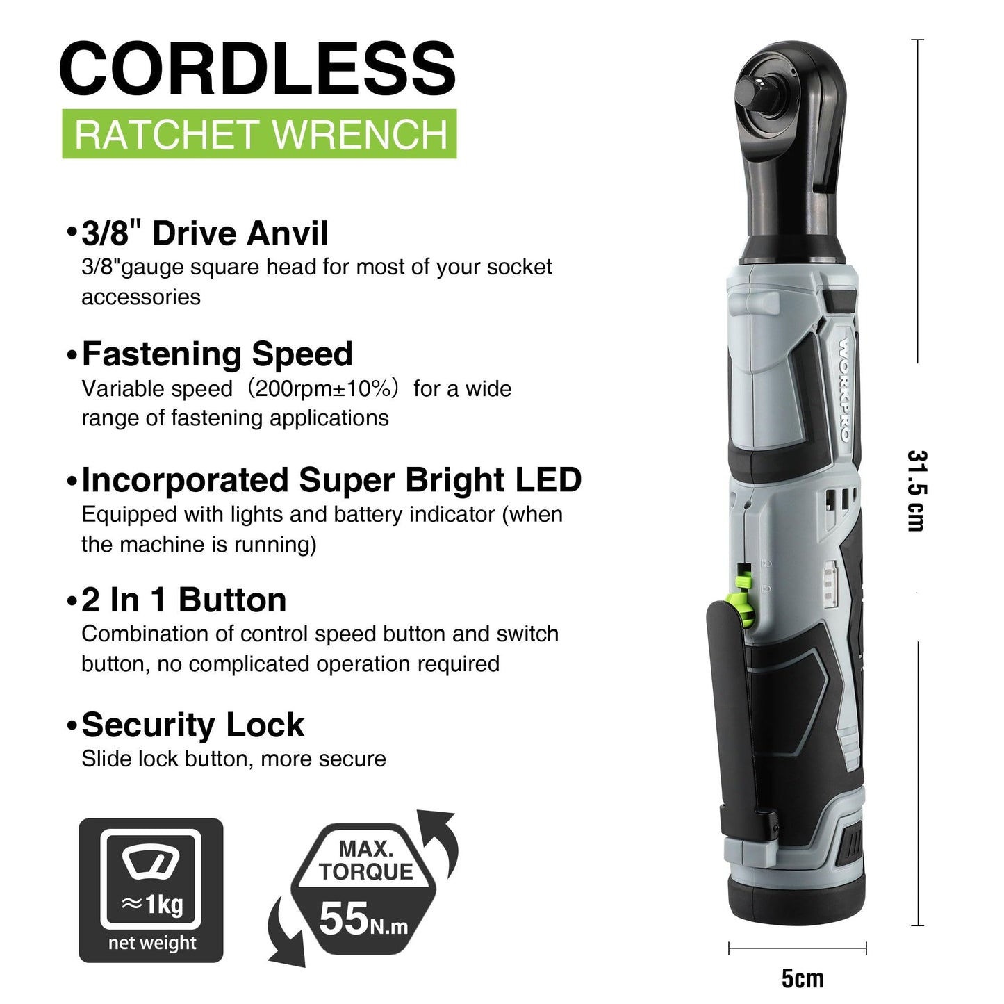 - WORKPRO Cordless Ratchet Wrench Set, 3/8" Cordless Ratchet with 7 Sockets, Extension Bar & Drive Adapter, 1H Fast Charger, 12V Powered Ratchet Wrench 55N.m with 2 Pack 2.0Ah Lithium-Ion Battery