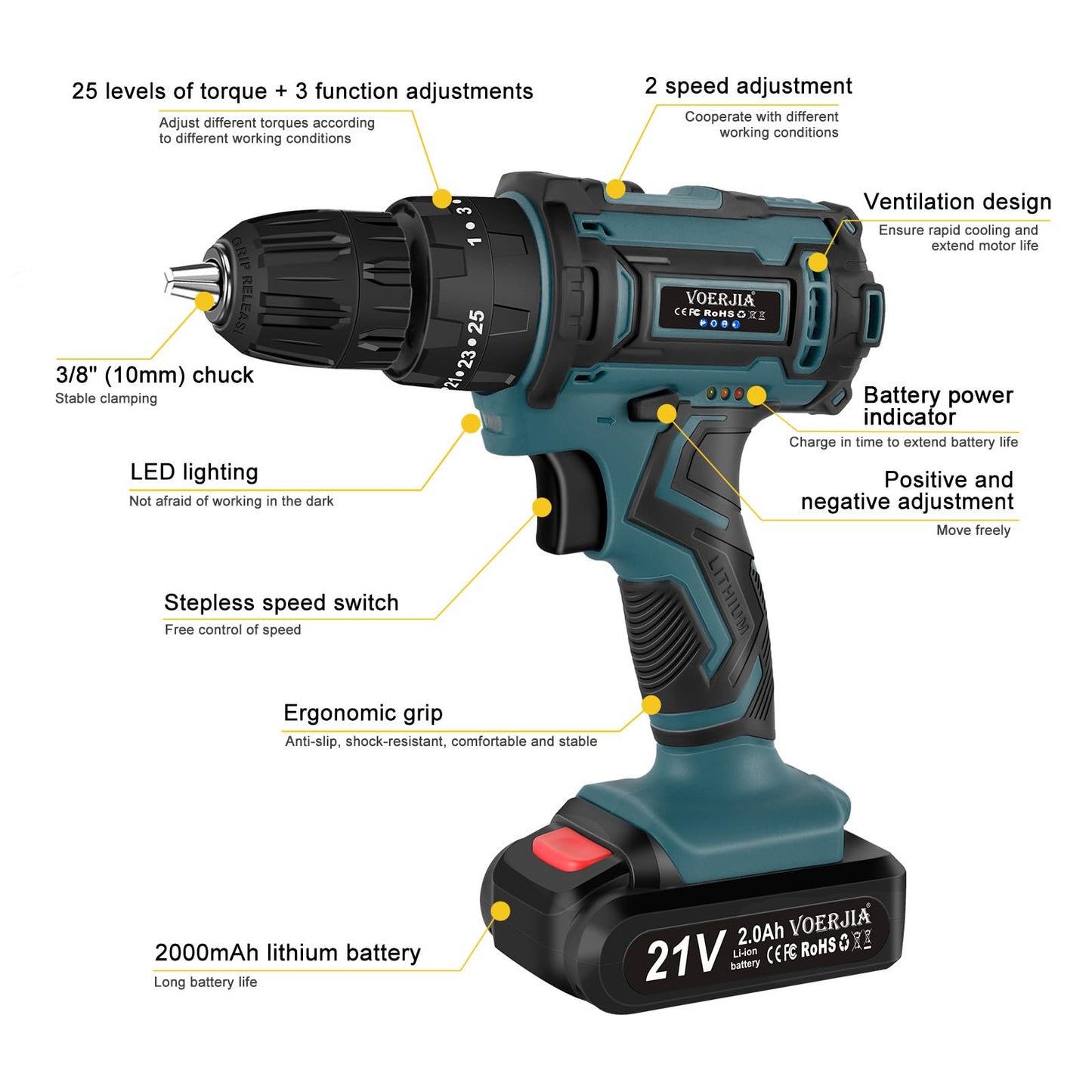 - VOERJIA 21V Cordless Drill, Power Drill Cordless, Cordless Drill with 2 Batteries 2000mAh -
