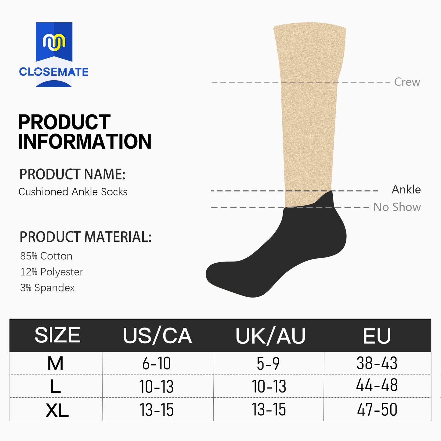 Closemate 7 Pairs Ankle Trainer Socks Cushioned Sports Socks for Men Non-slip Tab Cotton Breathable Low Cut Athletic Running Socks (7White, Size L)