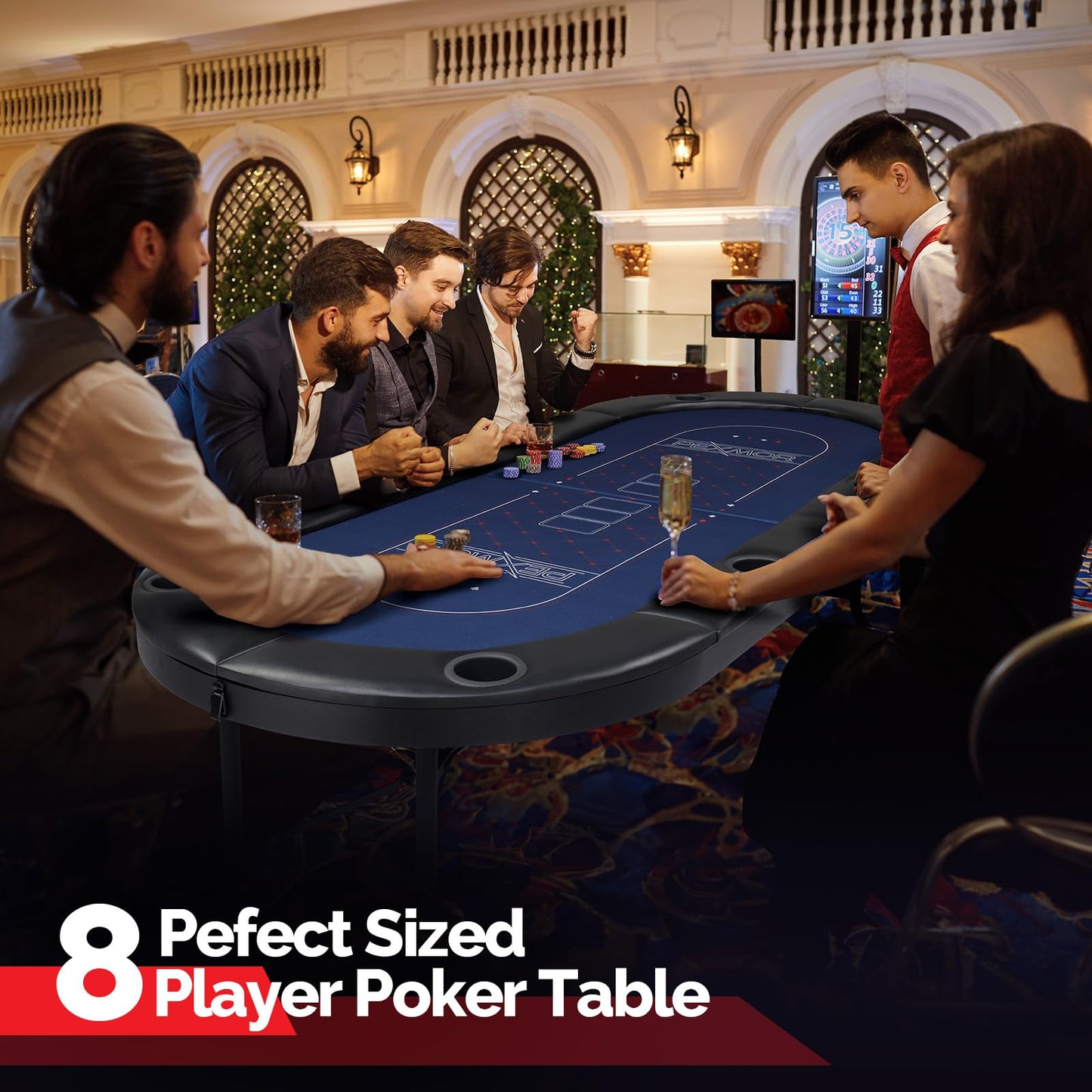 Bonnlo 8 Player Foldable Poker Table, Folding Blackjack Texas Holdem Poker Table, Portable Casino Leisure Card Board Game Table with Stainless Steel Cup Holders & Padded Rails,Fully Assembled