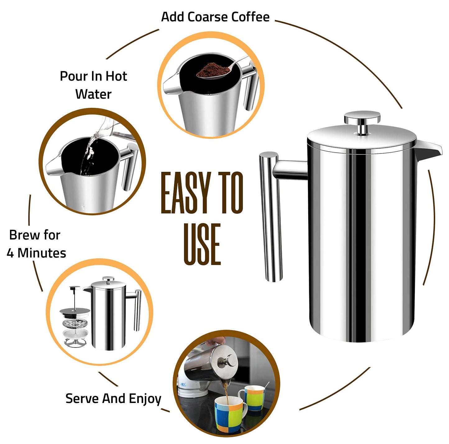 - KICHLY Cafetiere 8 Cup Stainless Steel French Press Coffee Maker | Coffee Press with 3 Level Filtration System -