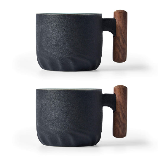 BlogBlog Ceramic Espresso Cups with Wooden Handle Espresso Shot Cups Ceramic Tea Cups Porcelain Demitasse Cups for Coffee or Tea, 3oz (black, 2)