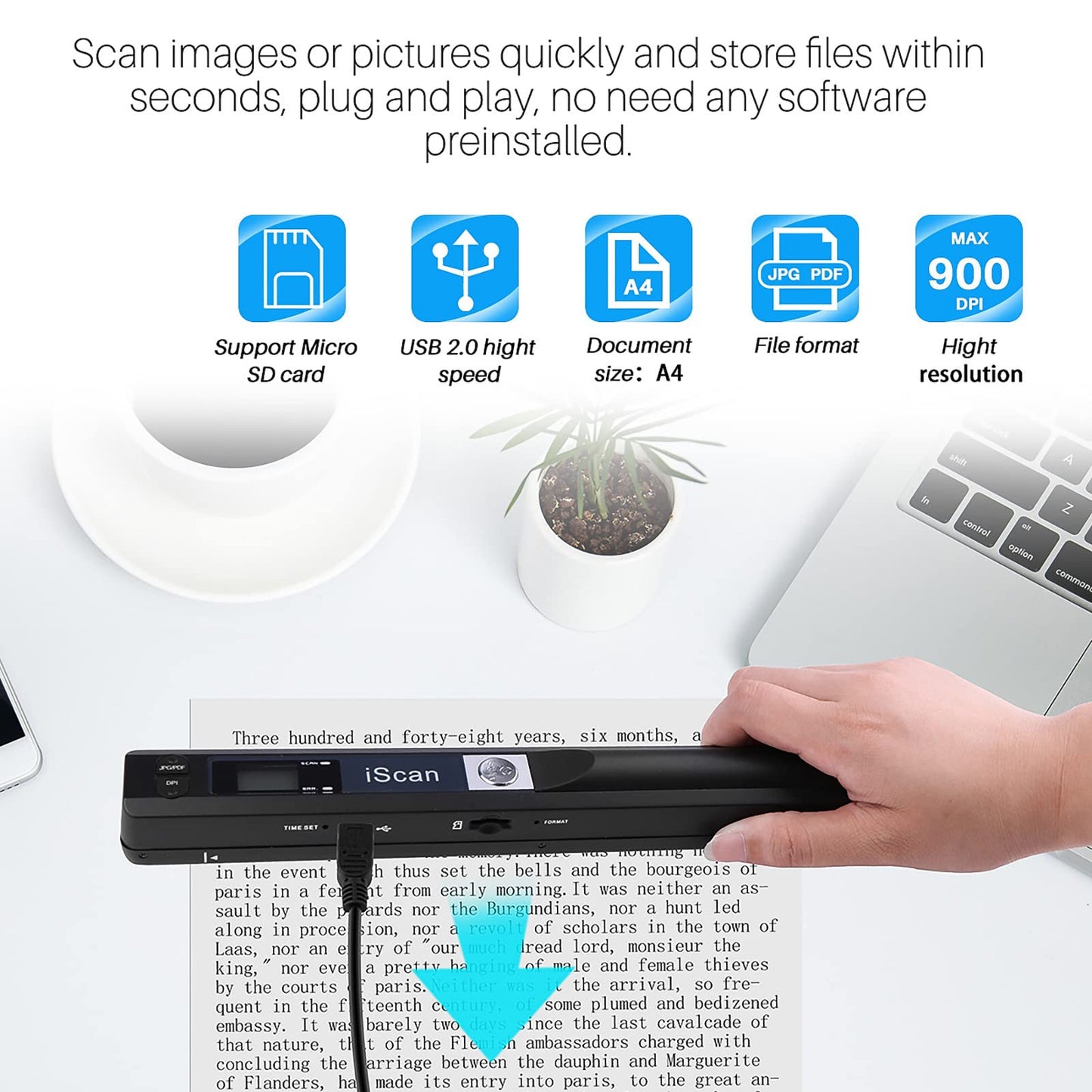 AOZBZ Portable Scanner, 900DPI USB Handheld Document Scanner for JPG PDF Format with 16GB Micro SD Card TF Card