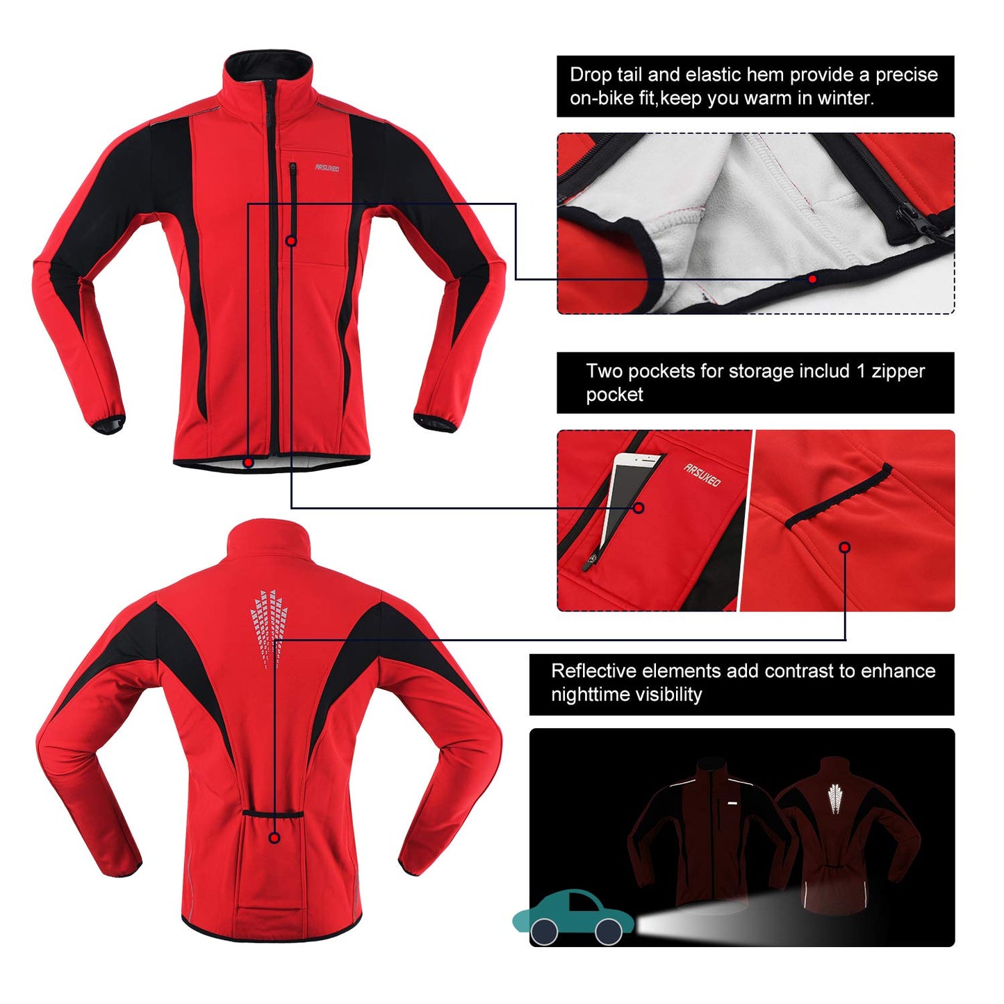ARSUXEO Cycling Jacket Mens Waterproof Windproof Softshell Winter Thermal Breathable Bike Outerwear 15K Red Size Large