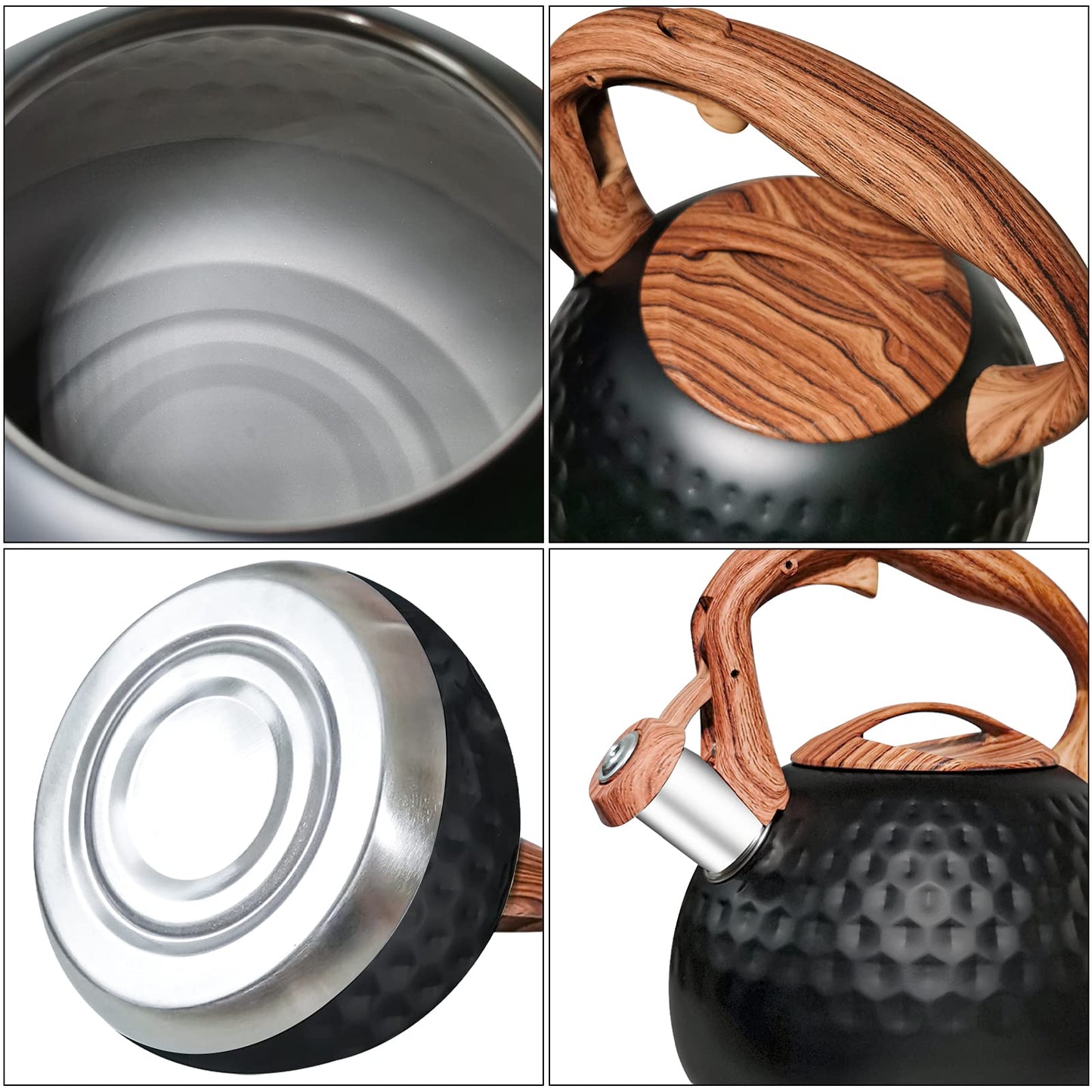 Beruyu Stove Top Whistling Kettle, Stainless Steel Teapot with Wood Grain Handle, for Gas Stove Induction Cooker, 3L (Black)