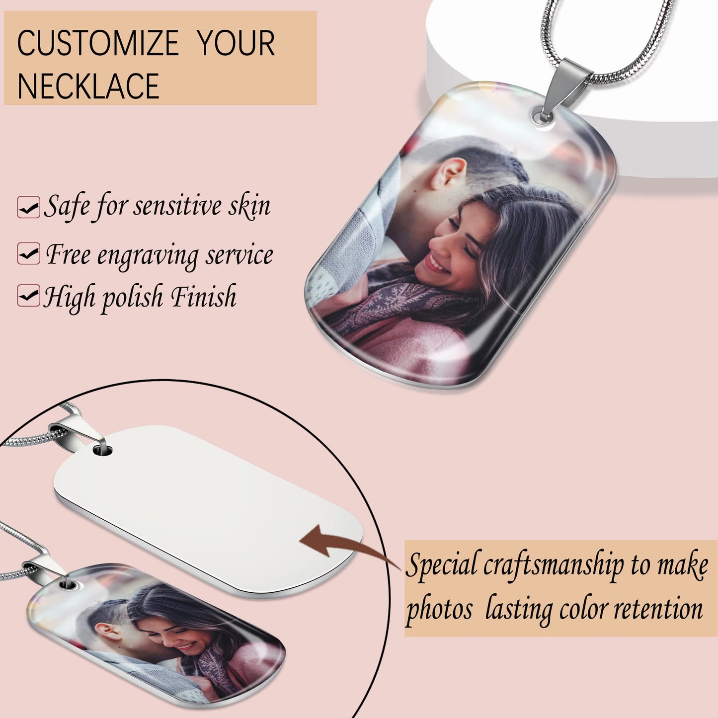 - Farfume Personalised Dog Tag Necklace with Engraved Photo & Text -