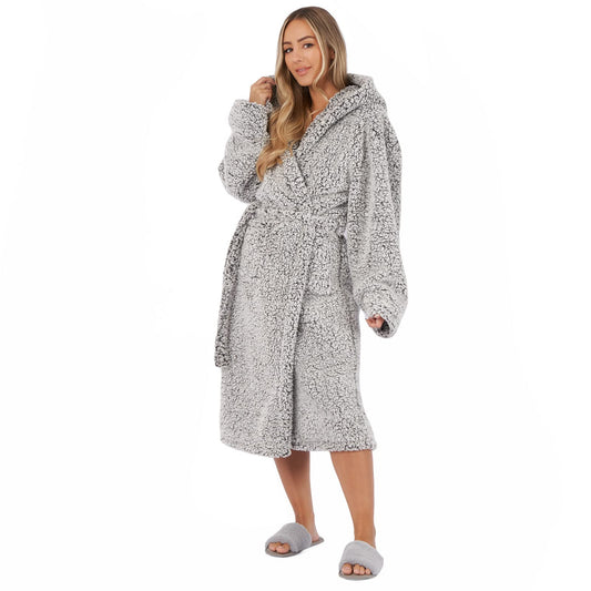 Brentfords Teddy Marl Super Soft Warm Fleece Adults Dressing Gown Full-Length Womens Ladies Robe, Charcoal Grey