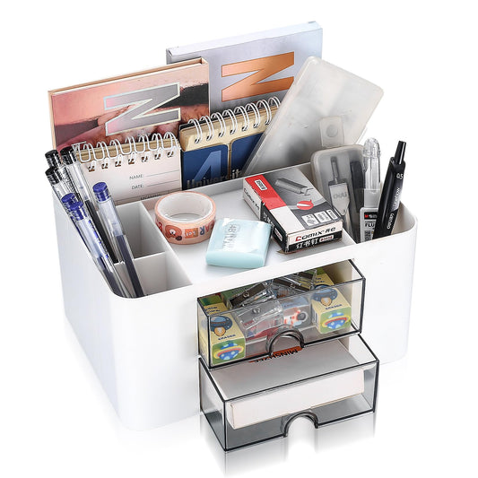 Desk Organiser Drawers, Desk Organiser with Drawer, Office Desk Supplies Organizer, Plastic Table Desktop Stationary Organiser Storage Pen Holder with 5 Compartments for School Office Home, White