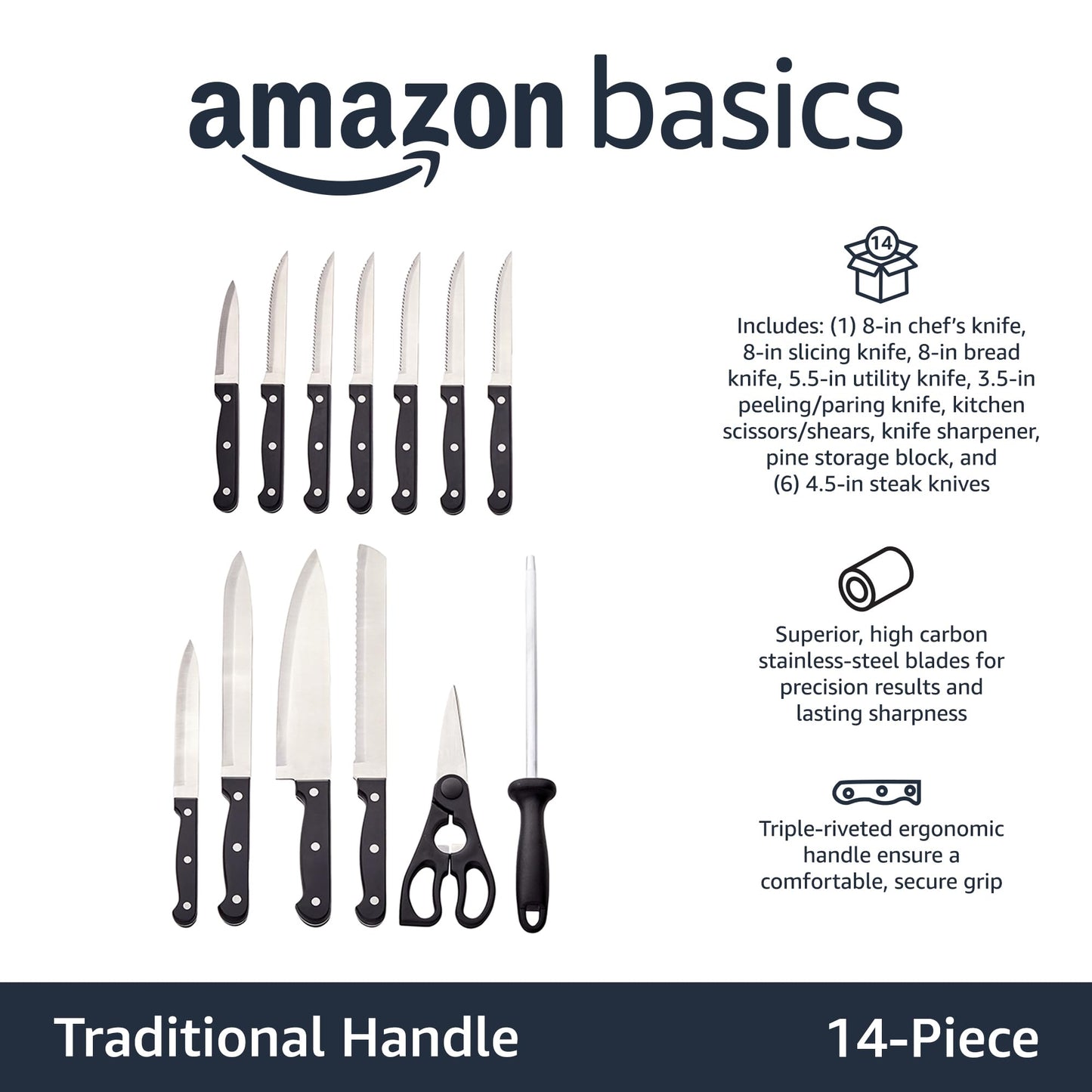 Amazon Basics 14-Piece Knife Set with Block, Black