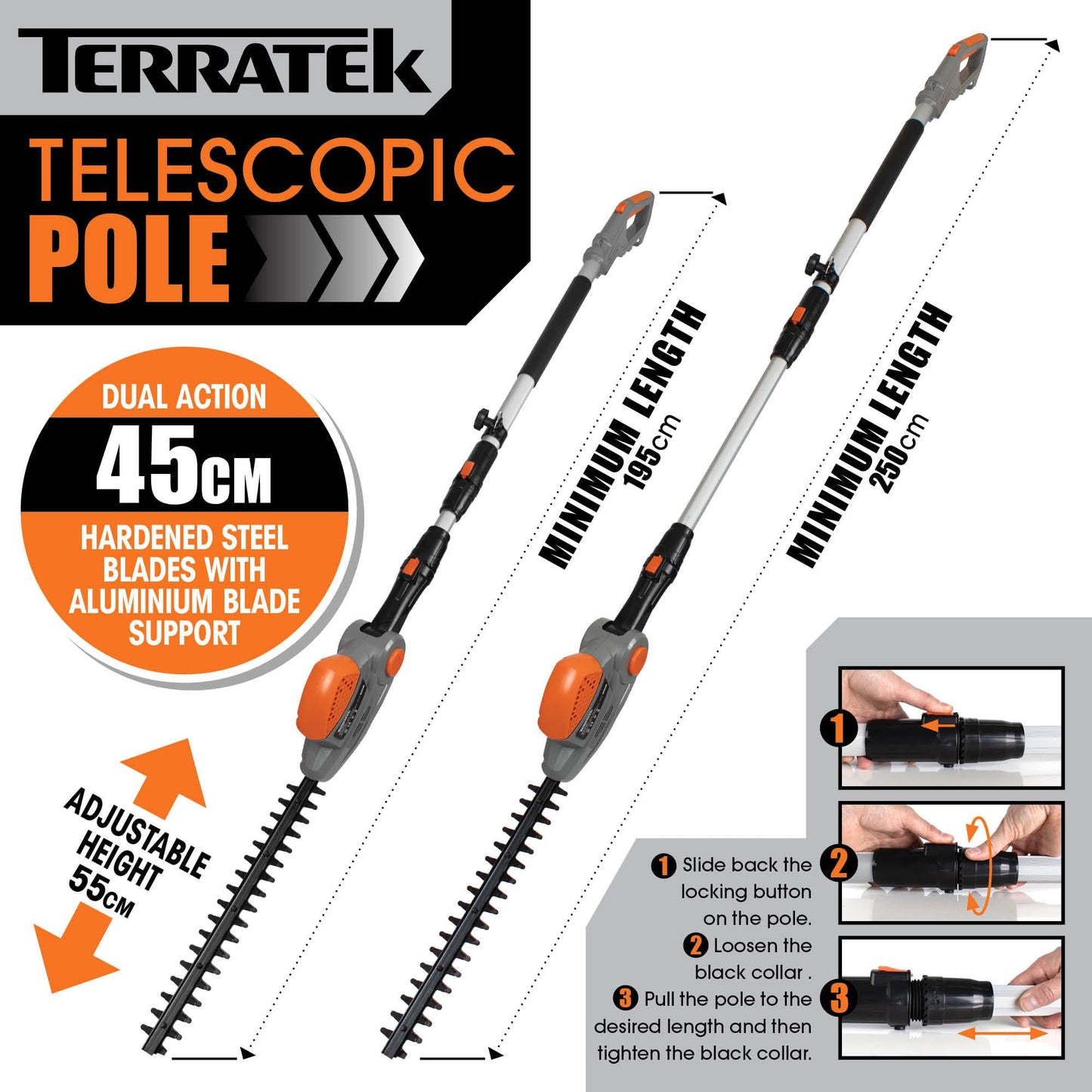 - Terratek Corded Extendable Pole Hedge Trimmer | 550W 2.5M | Telescopic Hedge Trimmer -