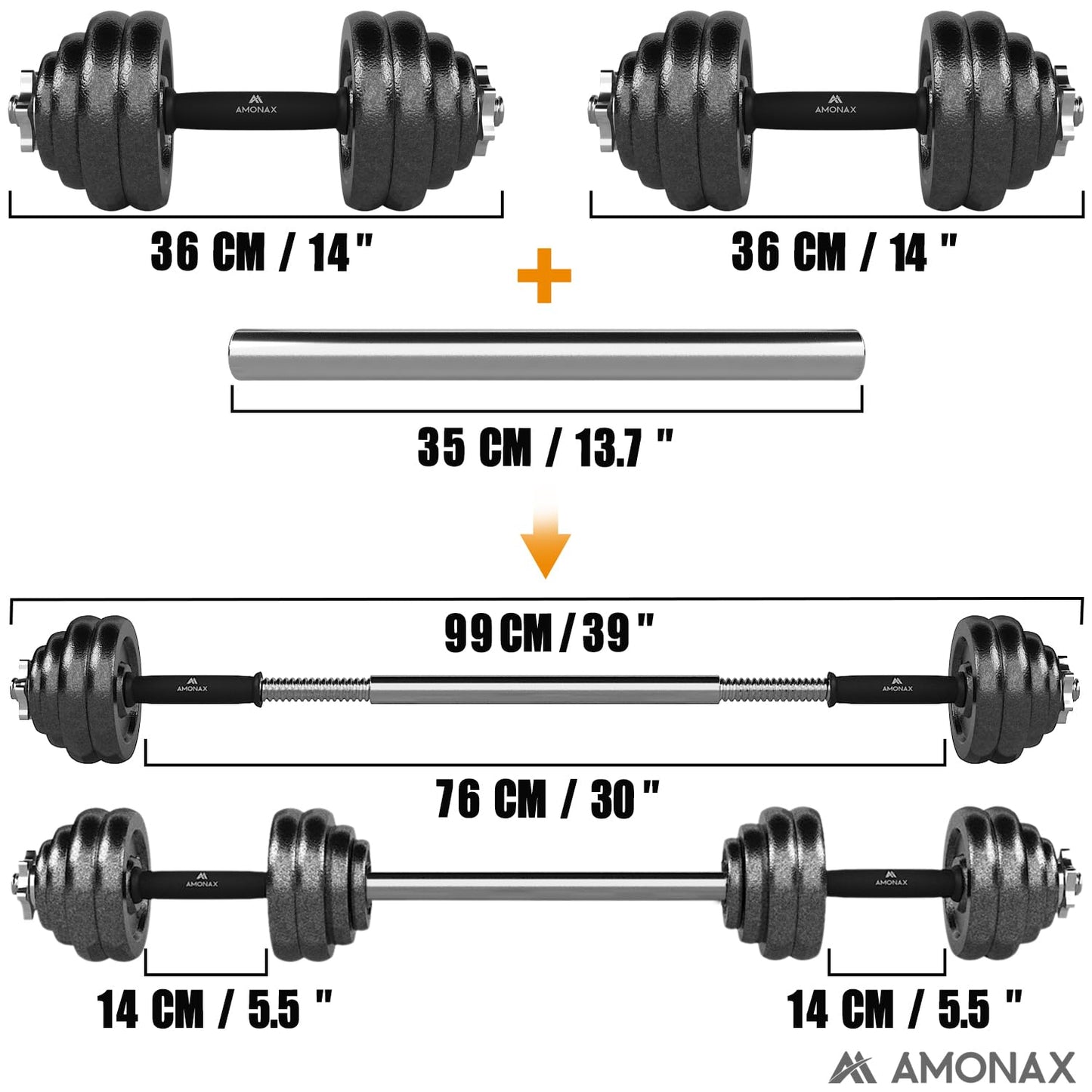 Amonax 30kg Cast Iron Adjustable Dumbbells Weight Set, Barbell Set Men Women, Strength Training Equipment Home Gym Fitness, Dumbell Pair Hand Weight, Bar Bells Free Weights for Weight Lifting