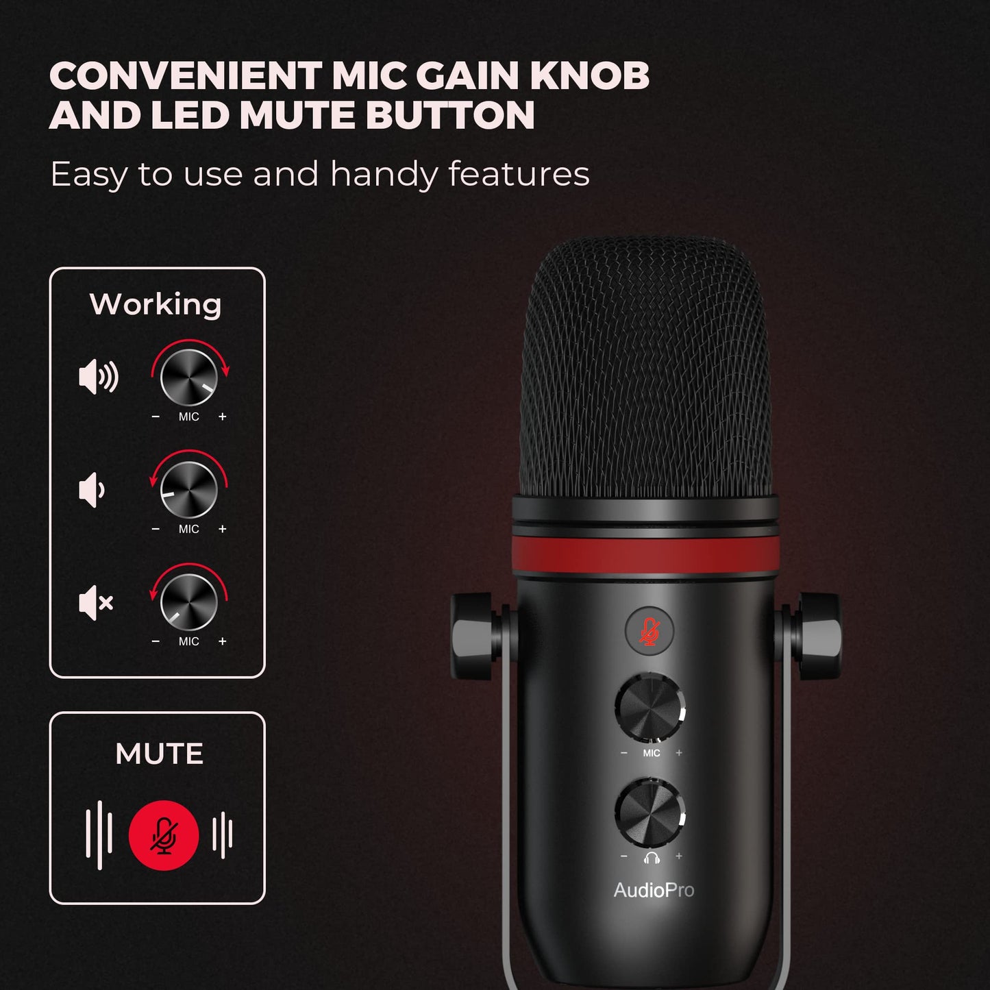 AUDIOPRO USB Microphone - Computer Condenser Gaming Mic for PC/Laptop/Phone/PS4/5, Headphone Output, Volume Control, USB Type C Plug and Play, LED Mute Button, for Streaming, Podcast, Studio Recording