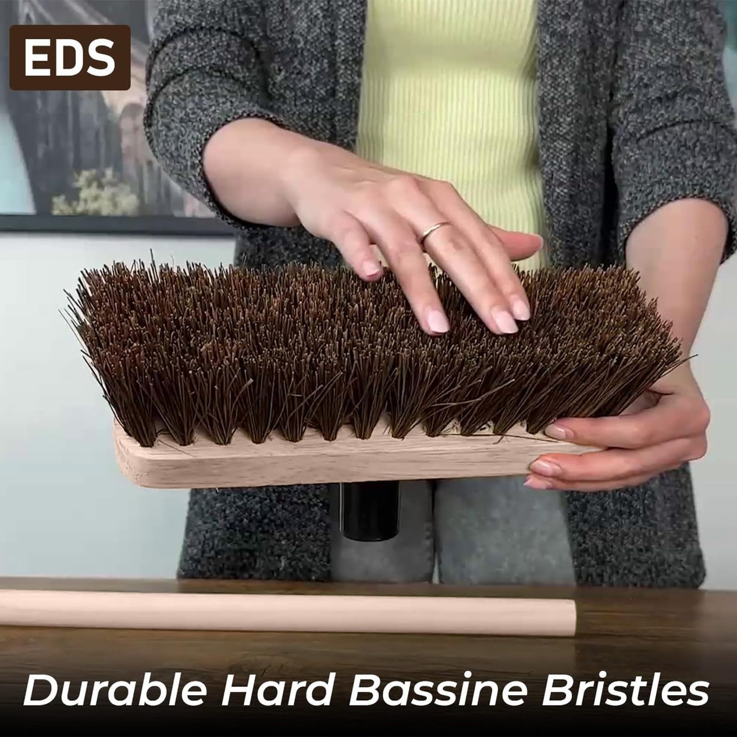 10” Garden Broom Outdoor with Wooden Handle Natural Stiff Bassine Hard Bristle Broom with Durable Support Bracket Yard Brush Heavy Duty Broom Outdoor Stiff Sweeping Yard Brush (Pack of 1)