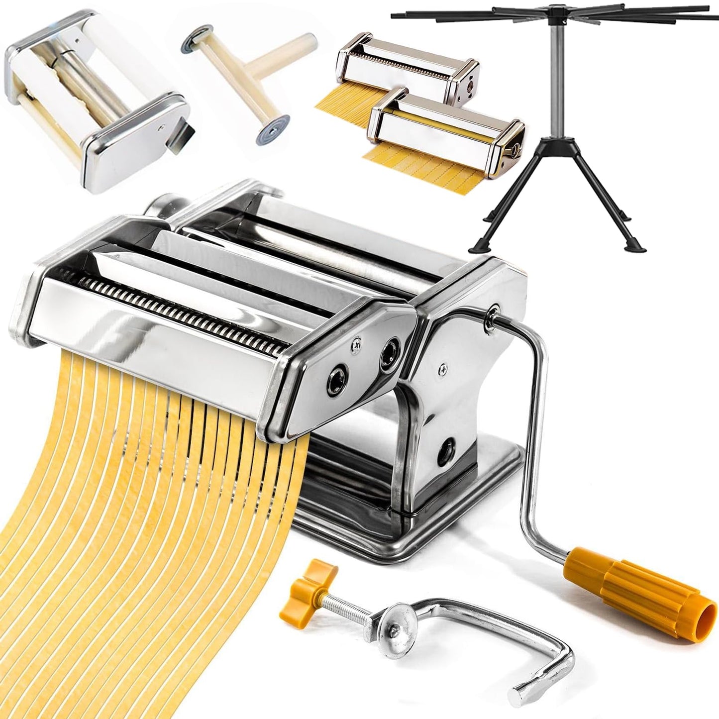 5 in 1 Stainless Steel Fresh Pasta Maker Machine Lasagne Spaghetti Tagliatelle Ravioli Professional Fresh Pasta Maker Noodle Maker Machine Cutter with 3 Cut Press Blade Settings with Drying Rack