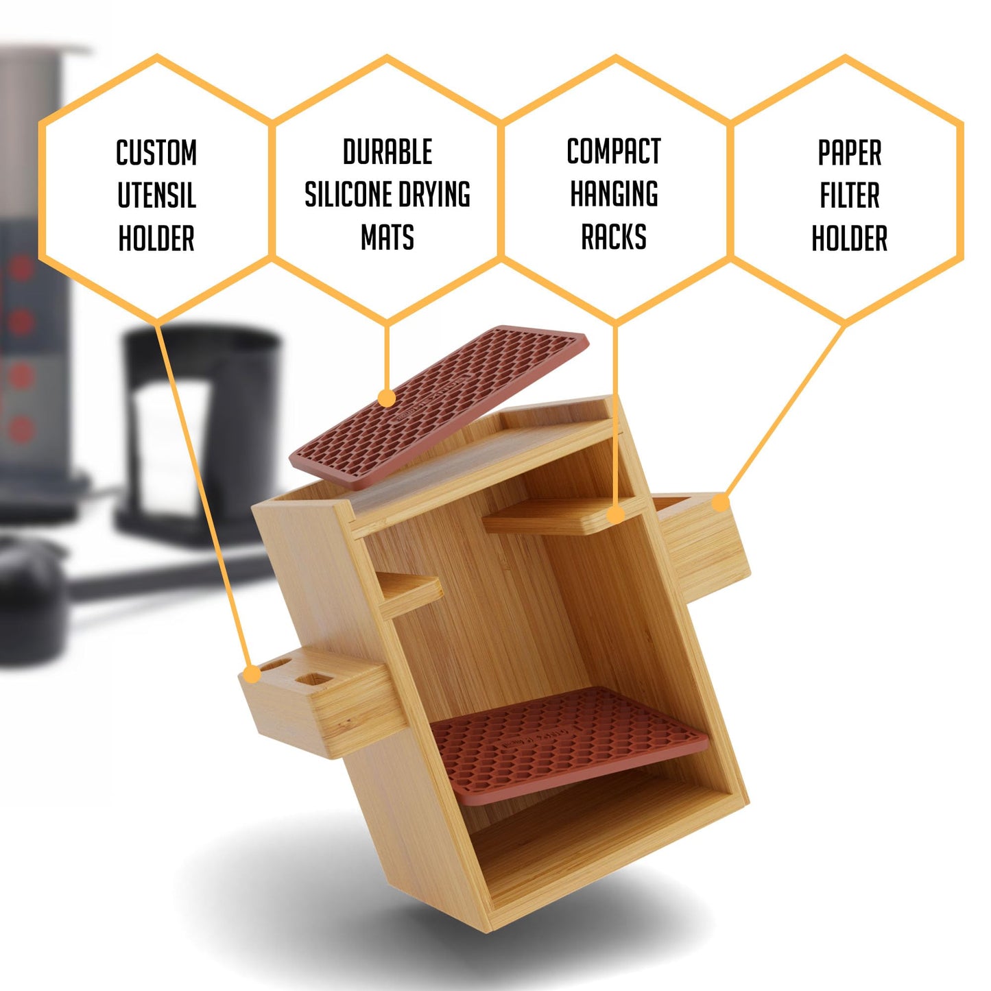 - HEXNUB – Bamboo Organizer for AeroPress | Compact Coffee Caddy Station -