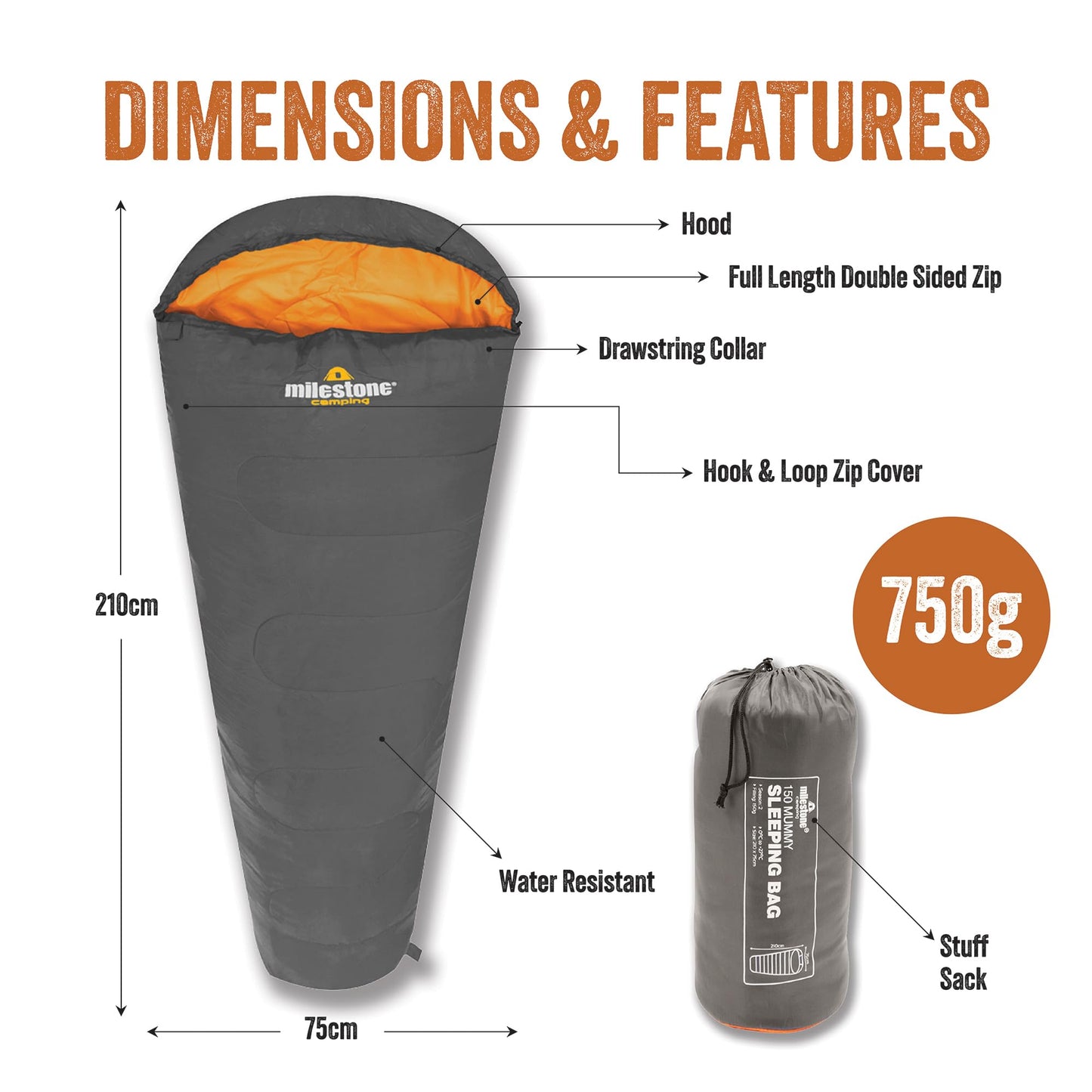 - Milestone Camping 27000 Grey & Orange Single Mummy Sleeping Bag -