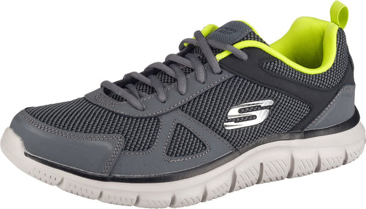 - Skechers Men's Track Bucolo Trainers | Charcoal Black Leather Mesh Lime Trim -
