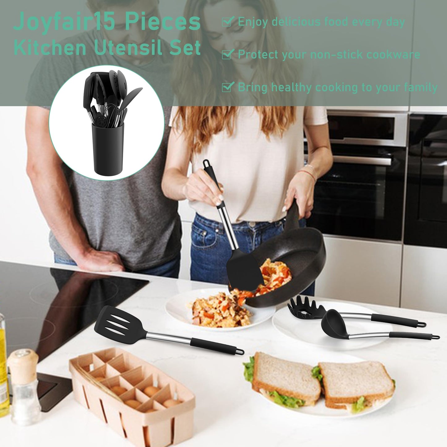 - Joyfair Kitchen Utensils Set | 15 Pcs Silicone Cooking Utensils Set | Non Stick Spatula Turner Spoon Tongs Cookware Set -