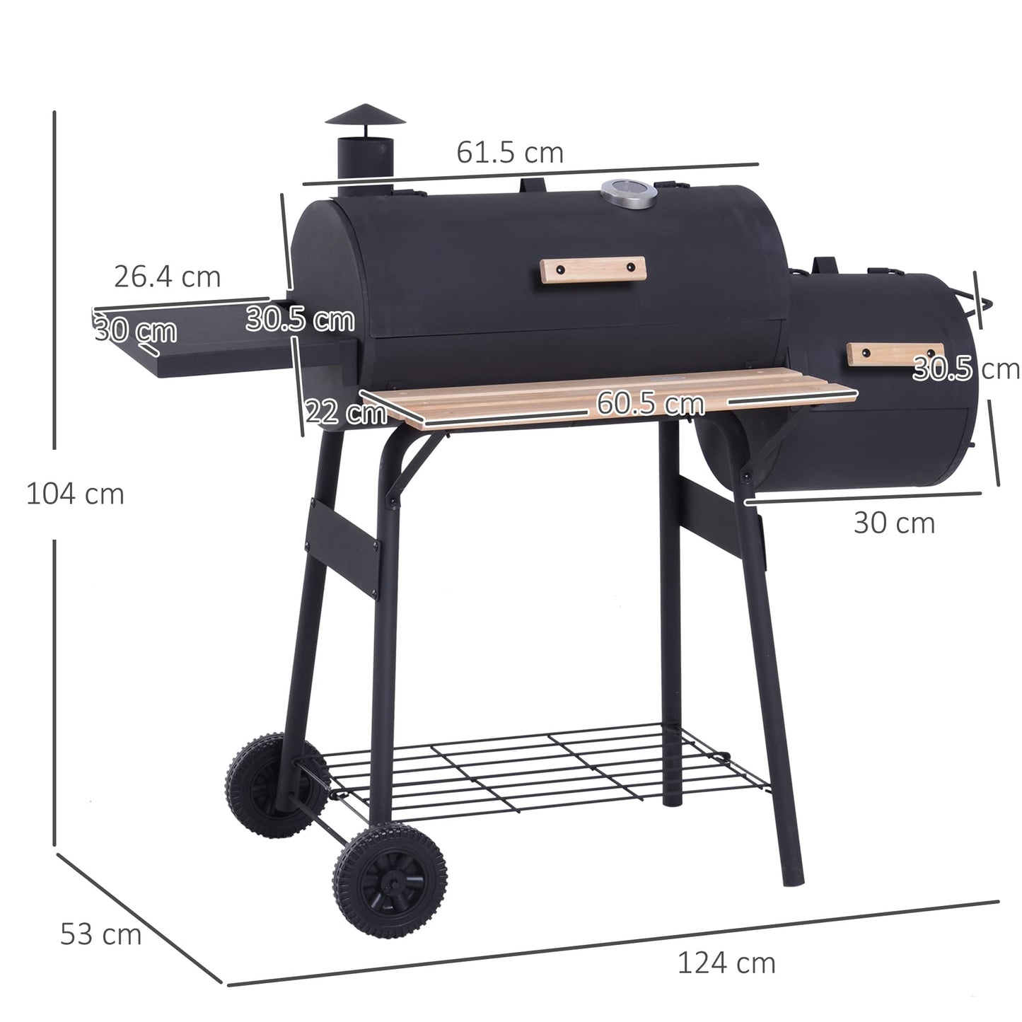 - Outsunny Charcoal Barbecue Grill | Offset Smoker | Barrel BBQ Trolley | 3 Storage Shelves -