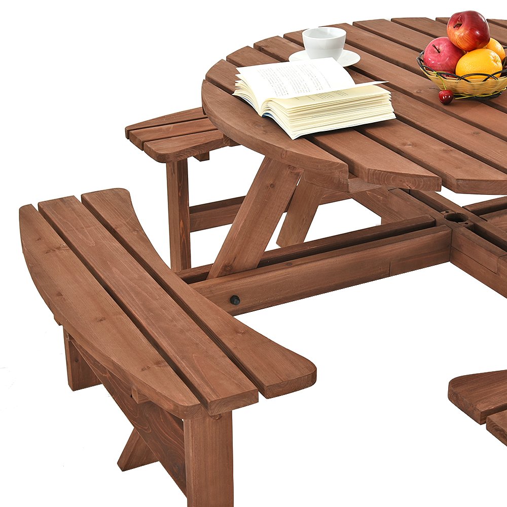 Britoniture 8 Seater Wooden Round Picnic Table and Bench for Garden Pub Patio