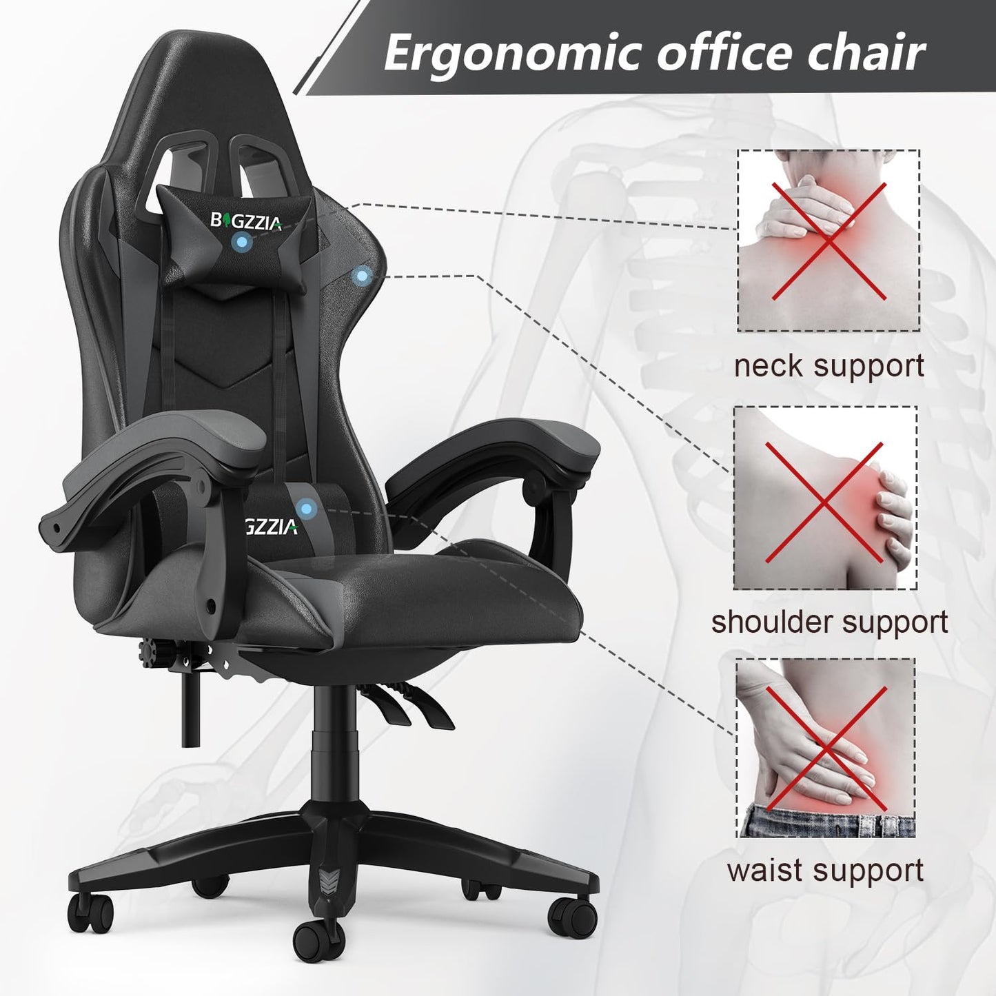 bigzzia Gaming Chair Office Chair Desk Chair Swivel Heavy Duty Chair Ergonomic Design with Cushion and Reclining Back Support (Gray)