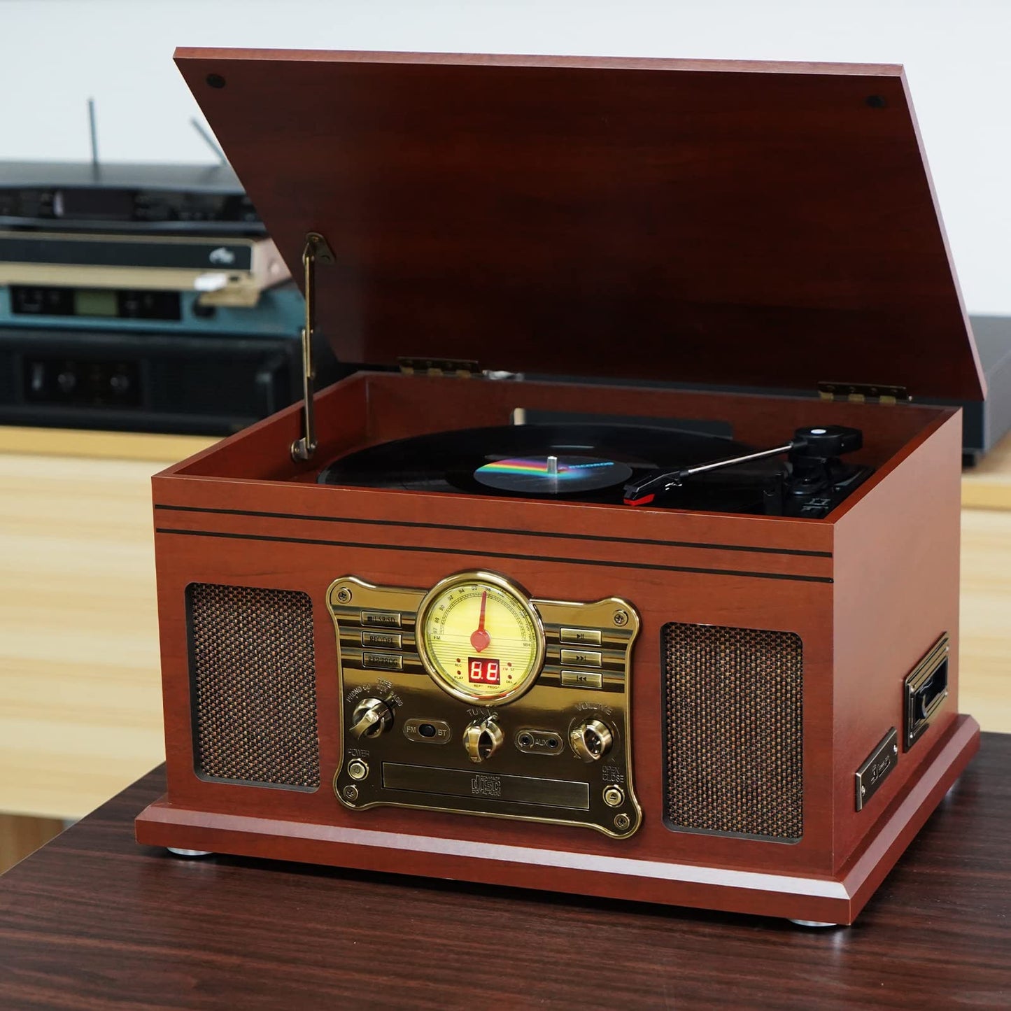 - 10-in-1 Bluetooth Record Player Multifunctional 3-Speed Turntable for Vinyl Record with Stereo Speaker,LP Vinyl to MP3 Converter with CD, Cassette Player,FM Radio,Wireless Music Streaming | Mahogany